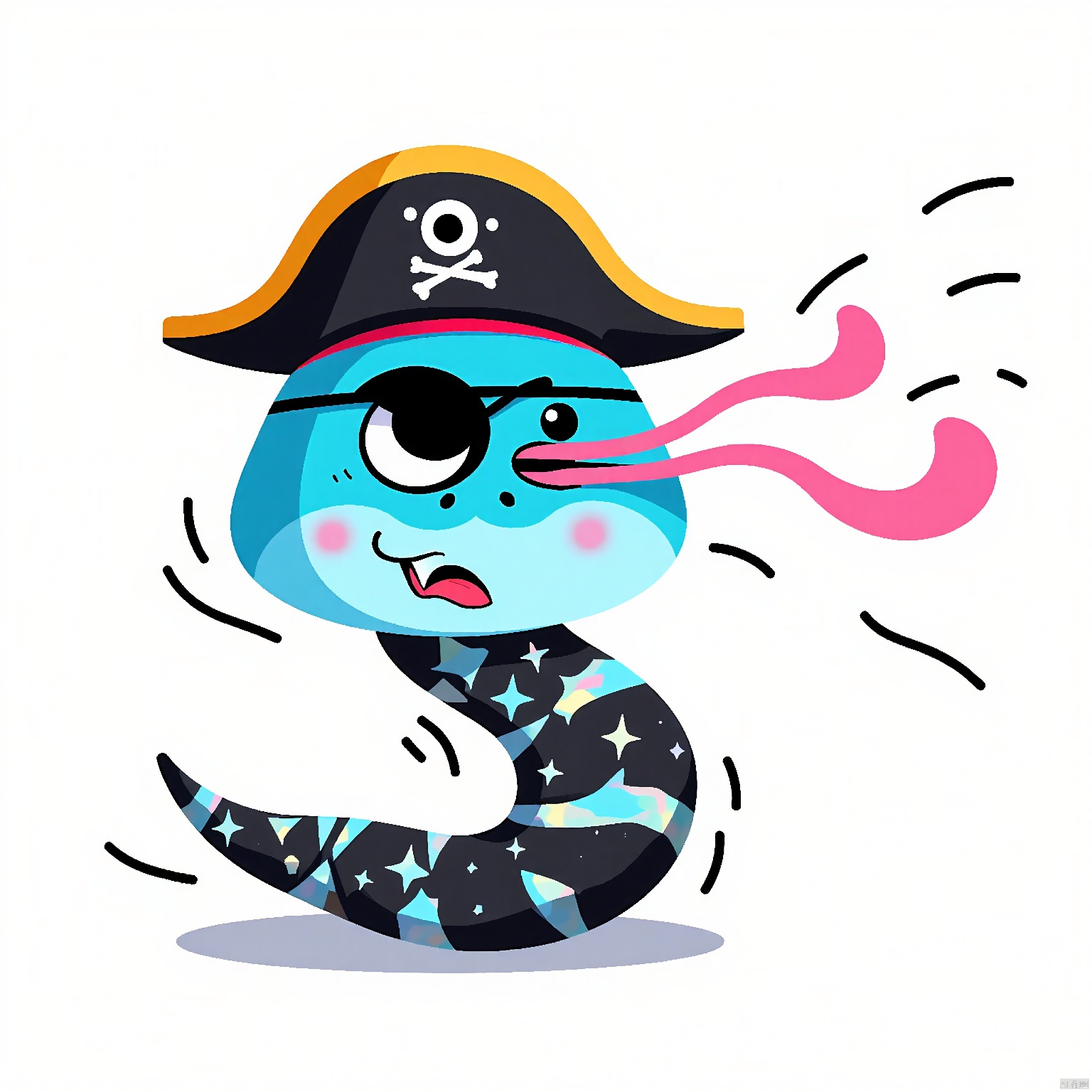 QWS, the mischievous serpent, donning a tiny, pirate hat and eye patch, boasts one shining eye and a long, pink tongue sticking out in challenge. Its body is segmented into star-shaped, holographic segments in shades of black, blue, and silver, spinning and twirling with pirate-like swagger. The backdrop is a pristine, clean white.