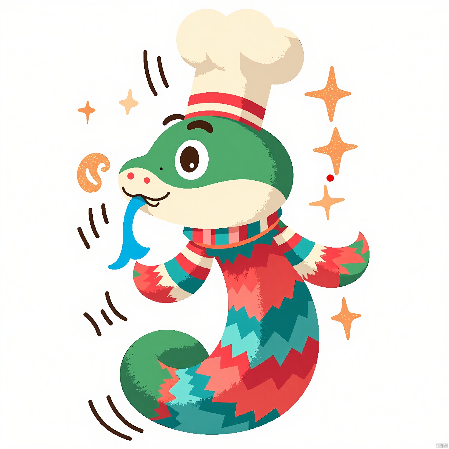 QWS, the mischievous serpent, wrapped in a tiny, striped scarf and a chef's hat, waves a single, glittery eye and a long, blue tongue tasting the air. Its body is divided into chevron-patterned, iridescent segments in shades of red, green, and teal, wriggling and writhing like a chef stirring a pot. The backdrop remains simple, pristine white.
