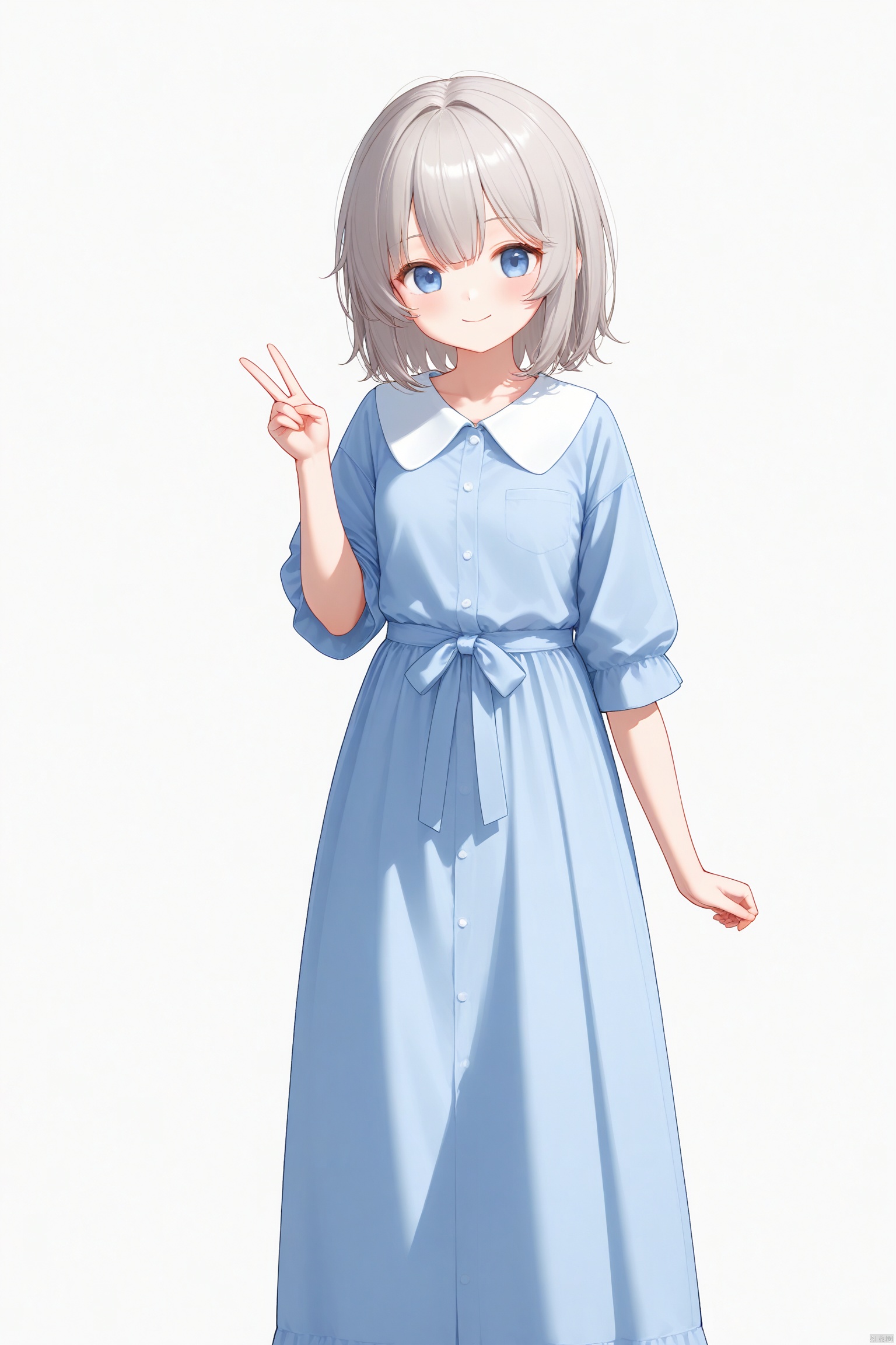 cxnice3,1girls, solo,high tonytail,simple background, white background,standing,long dress,V,hand up,dress,long dress,