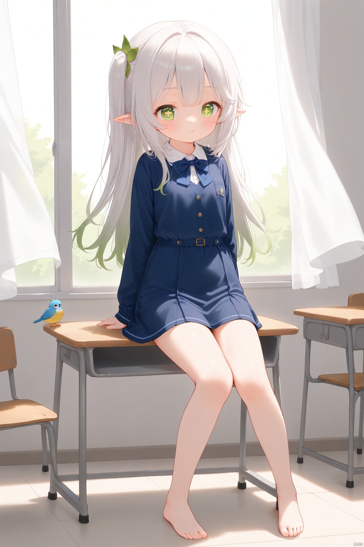 cxnice3, masterpiece,best quality,1girls, solo,loli,little_girl,petite,elf girl,pointy_ears, small breast, white hair, green hair, bangs, hair ornament, gradient hair, side tonytail,green eyes, symbol-shaped pupils, cross-shaped pupils, school girl,school uniform,indoors,sitting,bare feet, school desk,window, curtain,standing,full body,birds,cxbackground