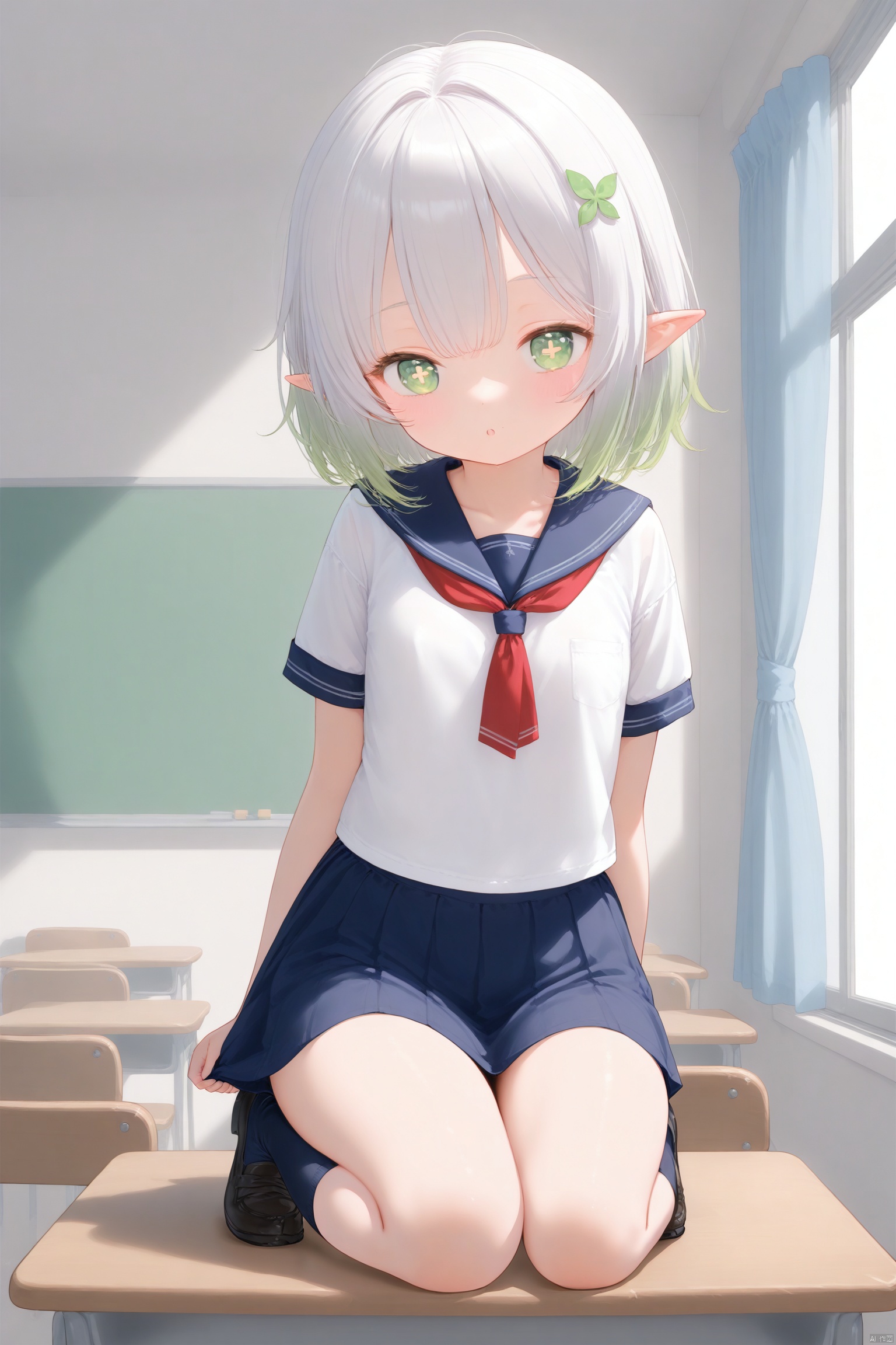 cxnice3, masterpiece,best quality,1girls, solo,loli,little_girl,petite,elf girl,pointy_ears, small breast, white hair, green hair, bangs, hair ornament, gradient hair, side tonytail,green eyes, symbol-shaped pupils, cross-shaped pupils, school girl,school uniform,indoors,sitting,schooldesk,window, curtain,standing,full body,birds,