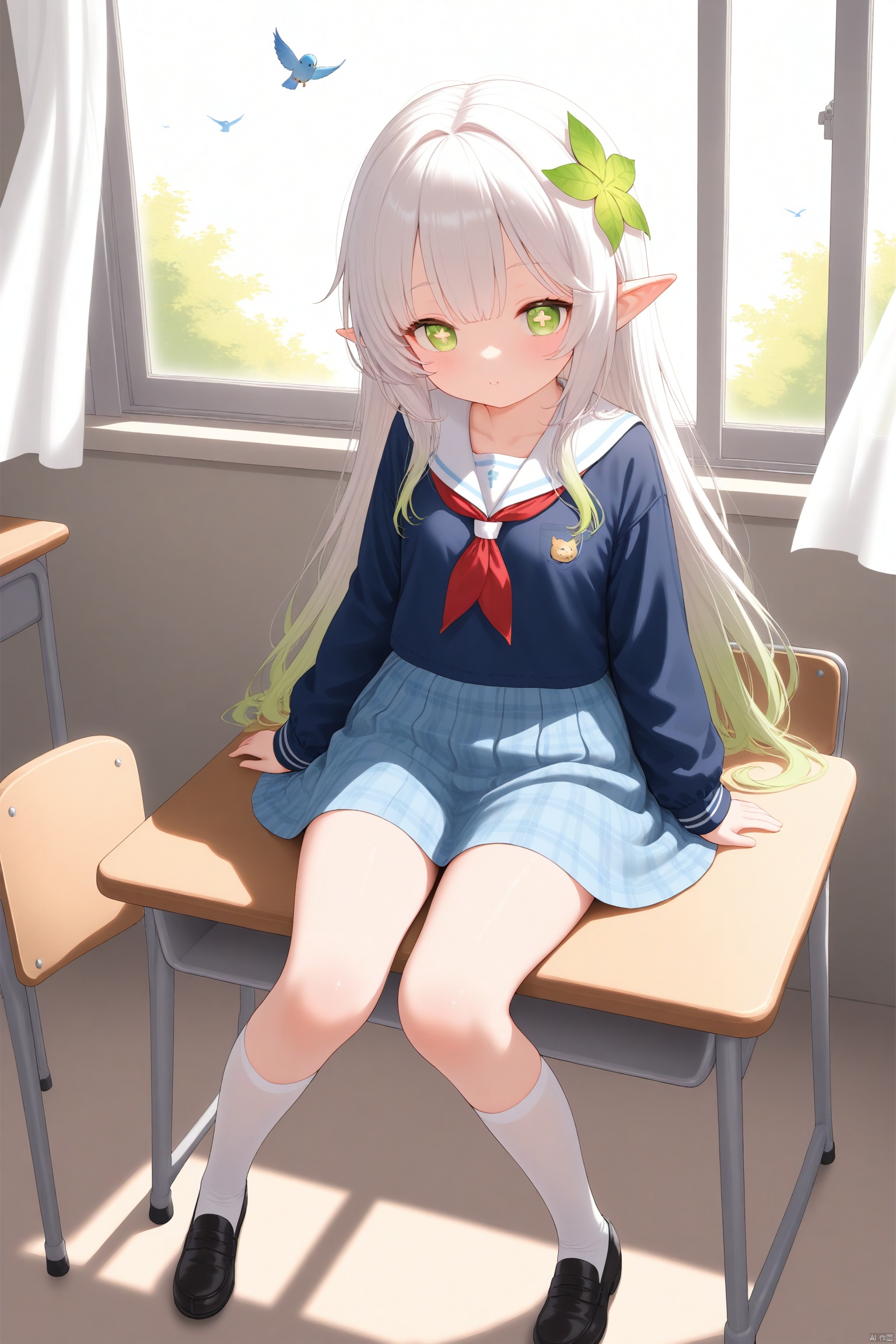 cxnice3, masterpiece,best quality,1girls, solo,loli,little_girl,petite,elf girl,pointy_ears, small breast, white hair, green hair, bangs, hair ornament, gradient hair, side tonytail,green eyes, symbol-shaped pupils, cross-shaped pupils, school girl,school uniform,indoors,sitting,schooldesk,window, curtain,standing,full body,birds,