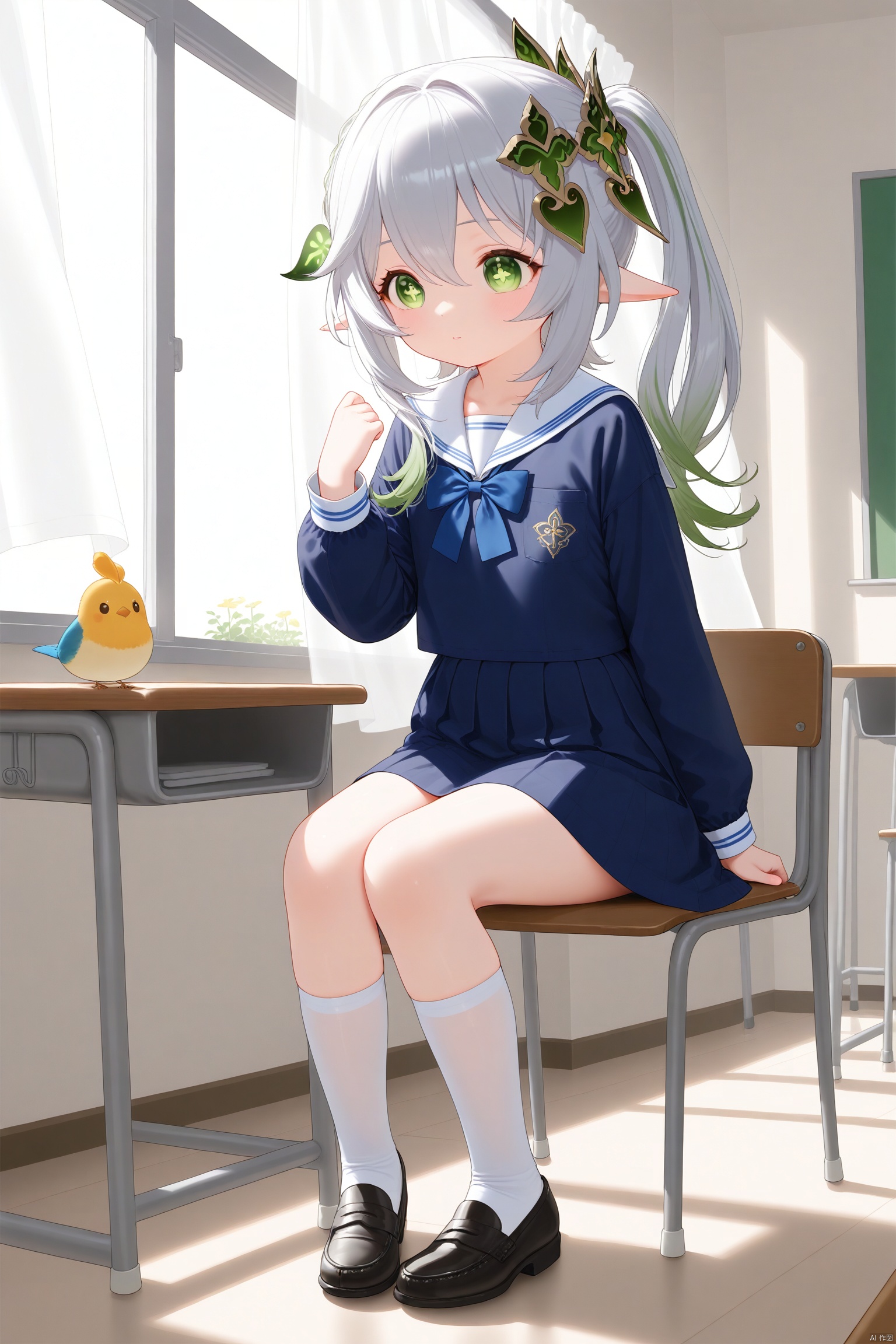 cxnice3, masterpiece,best quality,1girls, solo,loli,little_girl,petite,elf girl,pointy_ears, small breast, white hair, green hair, bangs, hair ornament, gradient hair, side tonytail,green eyes, symbol-shaped pupils, cross-shaped pupils, nahida \(genshin impact\),school girl,school uniform,indoors,sitting,schooldesk,window, curtain,standing,full body,birds,