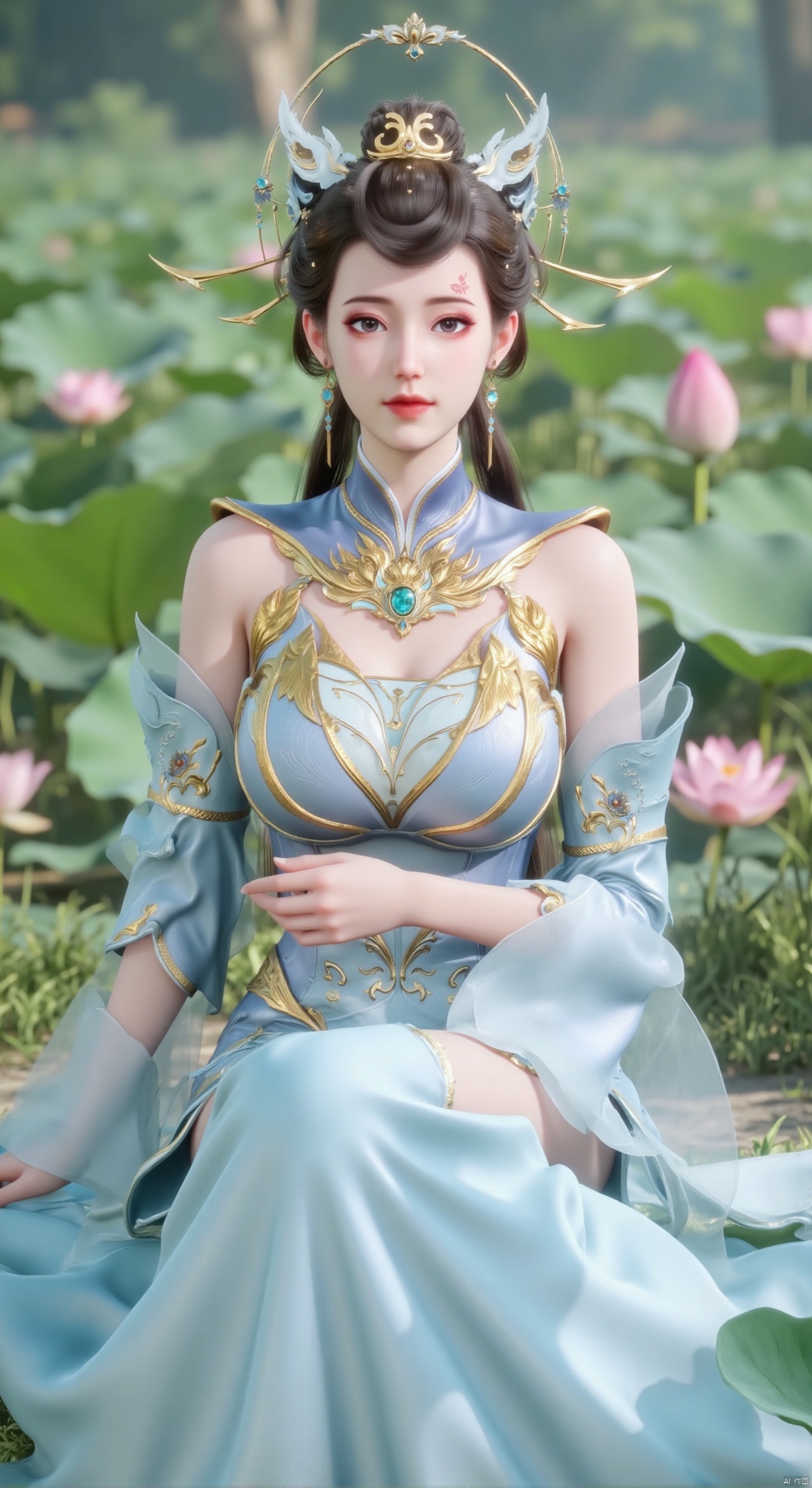  SFW,(masterpiece:1.2),best quality,absurdres,masterpiece,original,extremely detailed wallpaper,perfect lighting,1girl,solo,looking at viewer,(cowboy_shot:1.3),long hair,high heels,blurry background,depth of field,motion blur,(light cyan long dress:1.23),china_dress,chinese_style,bare shouders,crystal_earrings,headpiece,hair_tie,chest_jewel,gem,necklace,jewelry,in summer,day,outdoors,nature,garden,,(sitting,Lotus pond, lotus:1.59),(huge breasts:2.99),(full breasts:2.89),Xzhihua,Xsiyouyou,Xyanruyu,Xmoxiaonan,Xyeqingxian