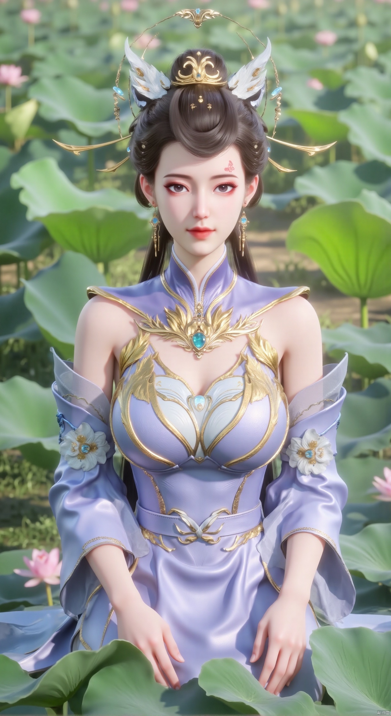  SFW,(masterpiece:1.2),best quality,absurdres,masterpiece,original,extremely detailed wallpaper,perfect lighting,1girl,solo,looking at viewer,(cowboy_shot:1.3),long hair,high heels,blurry background,depth of field,motion blur,(light cyan long dress:1.23),china_dress,chinese_style,bare shouders,crystal_earrings,headpiece,hair_tie,chest_jewel,gem,necklace,jewelry,in summer,day,outdoors,nature,garden,,(sitting,Lotus pond, lotus:1.59),(huge breasts:2.99),(full breasts:2.89),Xzhihua,Xsiyouyou,Xyanruyu,Xmoxiaonan,Xyeqingxian