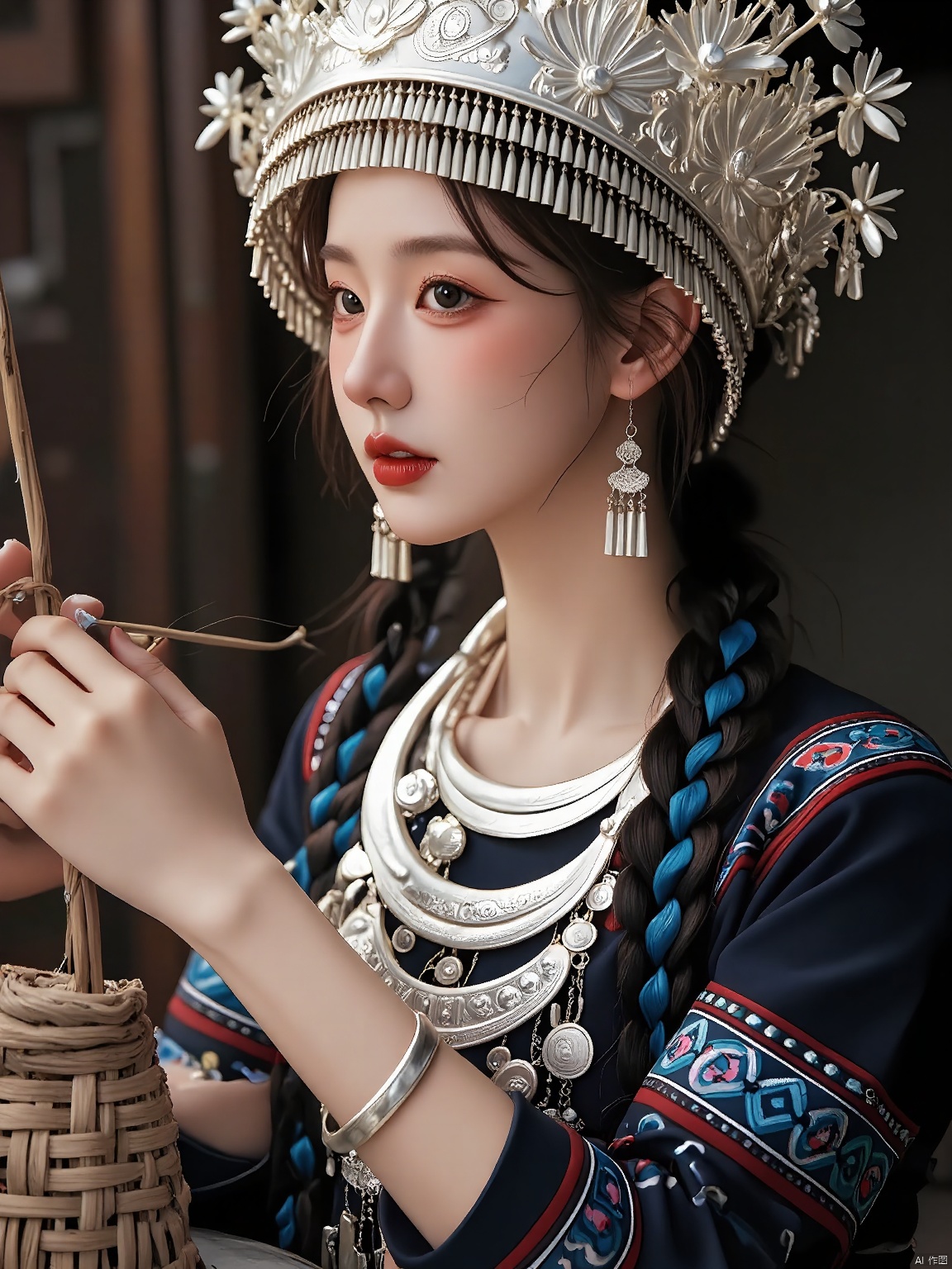 MZNH, A Miao girl, dressed in her traditional attire, donning an ornate silver tiara, delicate necklaces in silver and blue, a dress with blue and red embroidery, her skin delicate and luminous, lips a striking crimson, braids flowing like a waterfall, weaving a basket in her home.