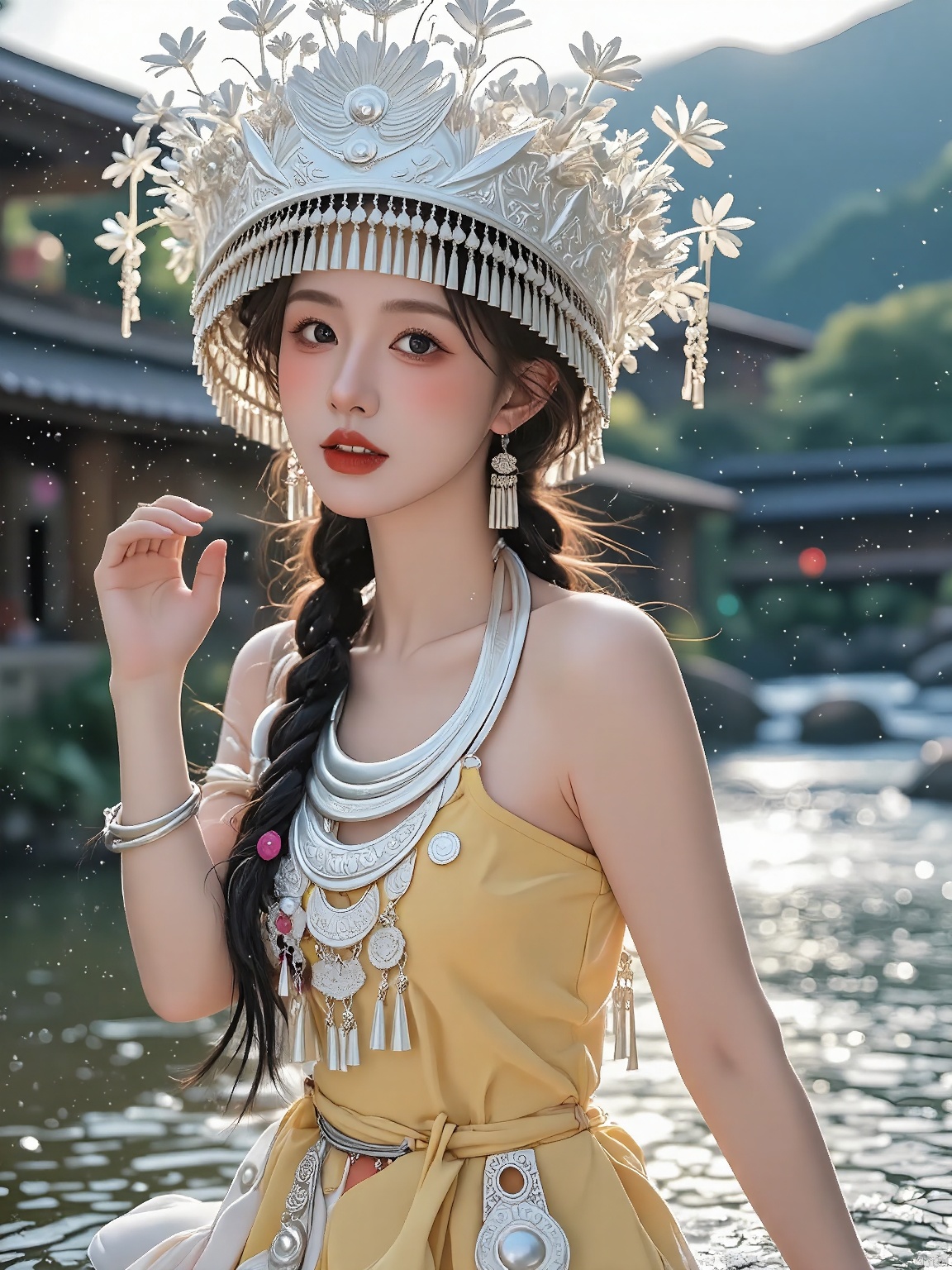 MZNH, A Miao maiden dances in the rain, her attire in soft pastel yellow and silver, her ornate silver headdress catching the raindrops, intricate yellow and silver jewelry wrapping around her neck, a cheerful yellow dress swirling with the rain, her fair skin and bright red lips glowing, her braided hair shimmering, the rain softly lit by the dimming sunlight.