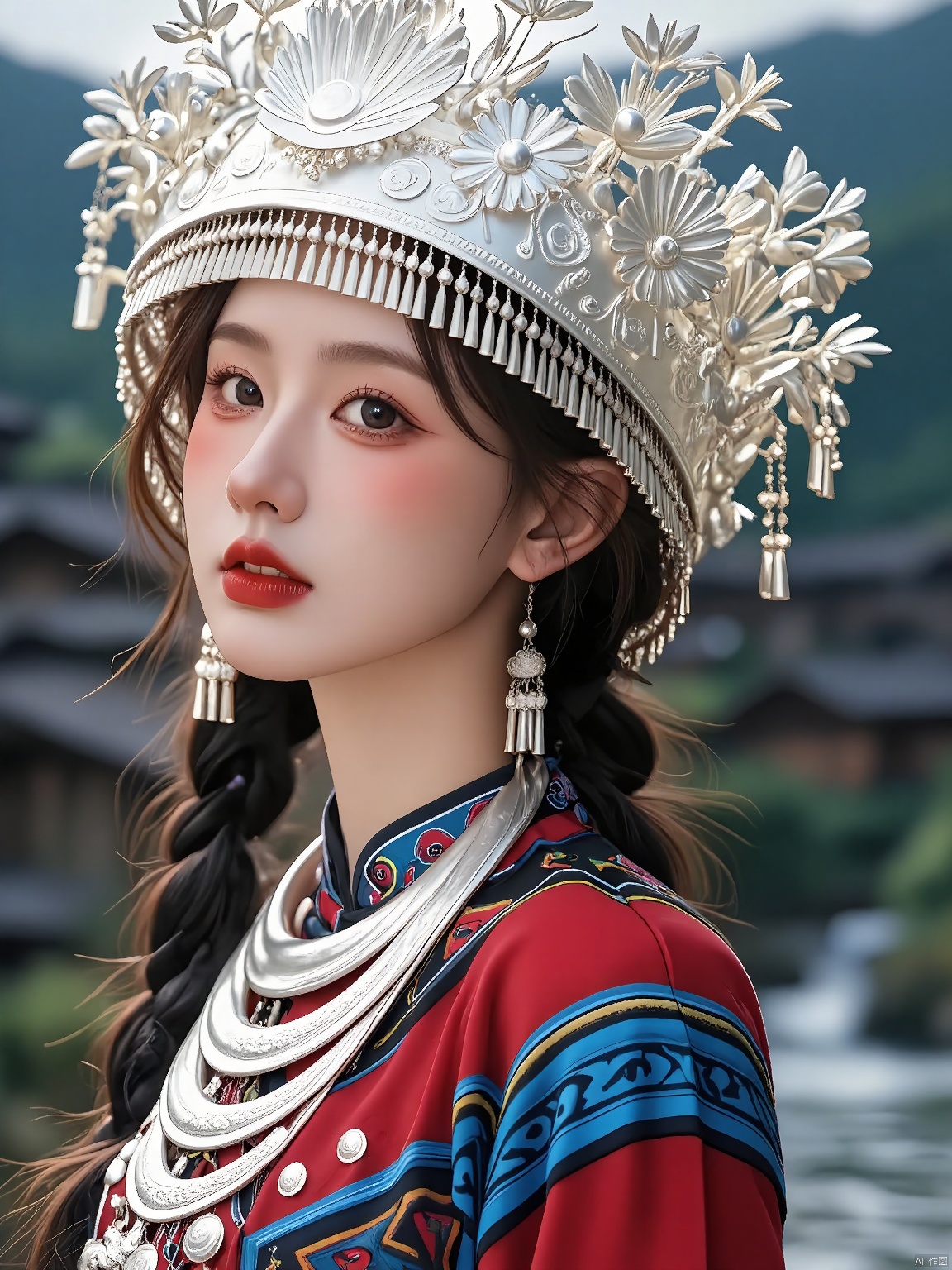 MZNH, A Miao girl in a dazzling silver and blue attire, her ornate silver headdress gleaming, intricate silver and blue necklaces adorning her neck, wearing a vibrant red and blue dress, her pale skin contrasting with her cherry red lips, her long braided hair flowing, captured in soft lighting amidst the lush greenery of her village.