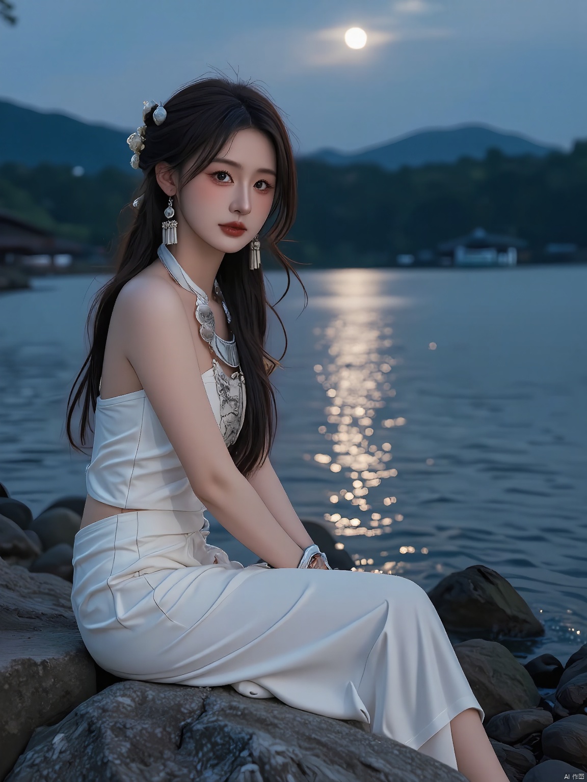 MZNH, A Miao girl in a pristine white dress, adorned with silver jewelry that shimmers in the moonlight, her hair adorned with jade hairpins, sitting quietly by a serene lake, the night sky reflecting in its waters.