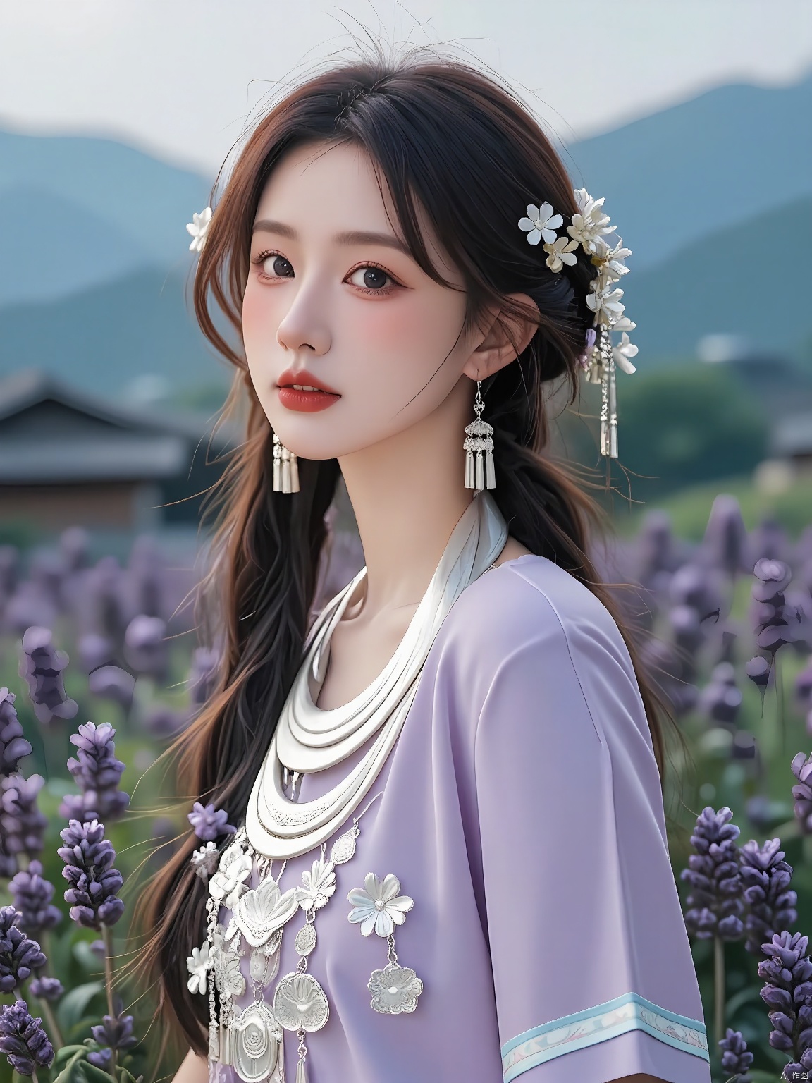 MZNH, A maiden of the Miao tribe, dressed in a serene lavender and silver attire, her hair adorned with jade hairpins and silver flowers, standing by a field of lavender, the sweet scent filling the air around her.
