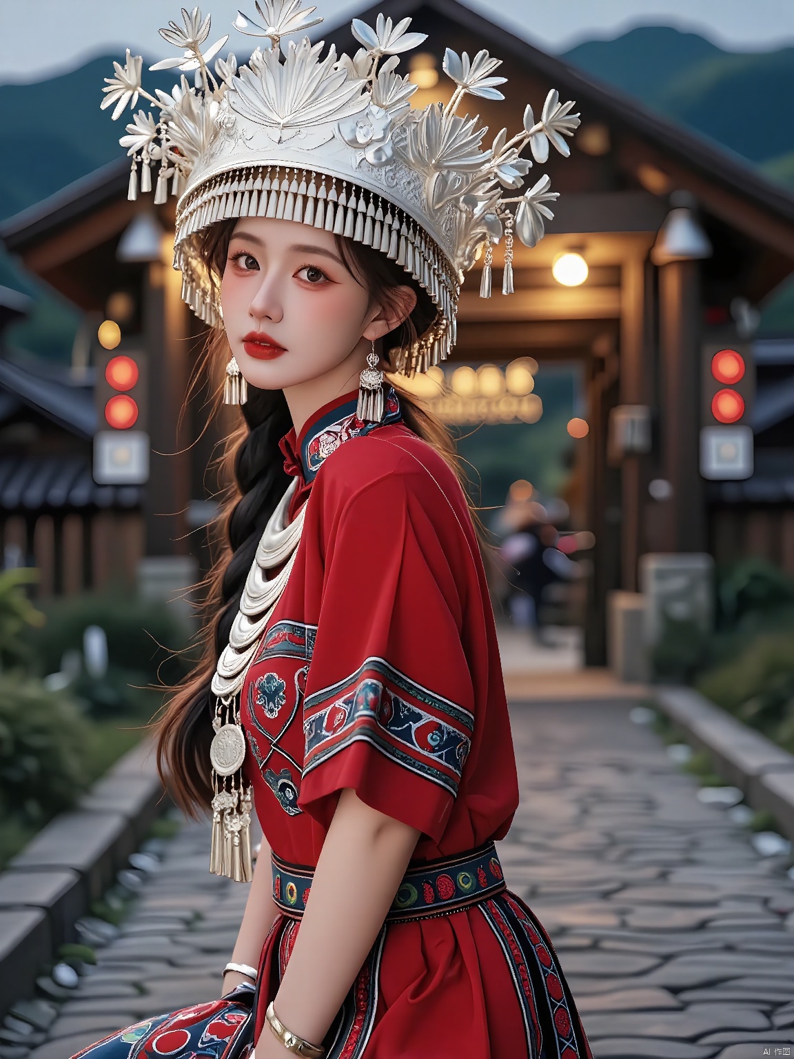 MZNH, By the entrance of her village, a Miao girl stands proud, her attire in regal crimson and silver, her ornate silver headdress catching the eye, intricate crimson and silver jewelry adorning her, a majestic crimson dress billowing around her, her pale skin and bright red lips standing out, her braided hair flowing, the village entrance bathed in warm lighting.