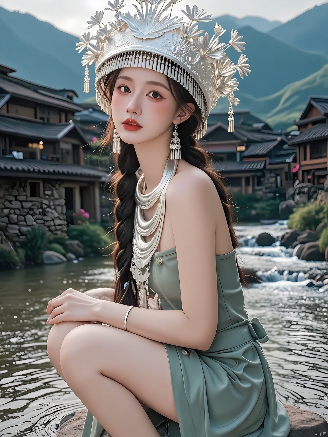 MZNH, By the ancient stone walls of her village, a Miao girl wears a serene sage green and silver outfit, her ornate silver headdress gleaming under the afternoon sun, intricate sage green and silver jewelry adorning her, a flowing sage green dress caressing her legs, her pale skin and red lips glowing, her braided hair catching the light, the scene softly illuminated.