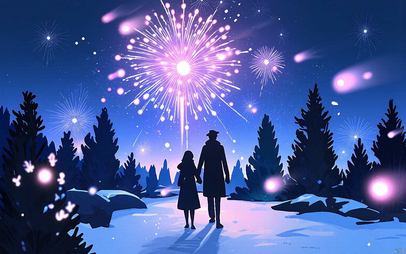 HCCH, A serene, snow-covered garden at dusk. In the foreground, a couple walks hand in hand through a path lined with twinkling fairy lights. Snowflakes gently fall around them, casting a soft glow in the fading light. The background is a tapestry of frosted trees and shrubs, with the distant silhouette of a fireworks display lighting up the sky.