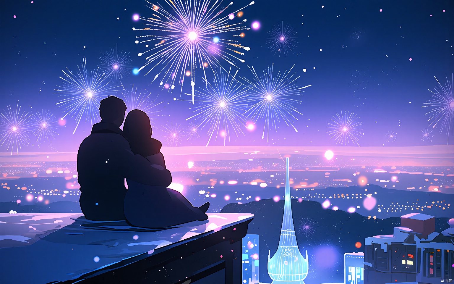HCCH, On a snowy rooftop, couples hug close, their breaths visible in the frosty air. They gaze at the city below, illuminated by strings of fairy lights and the occasional burst of fireworks. The soft snowflakes gently fall, adding a serene beauty to the romantic scene as they celebrate the turn of the year with promises of love and hope.