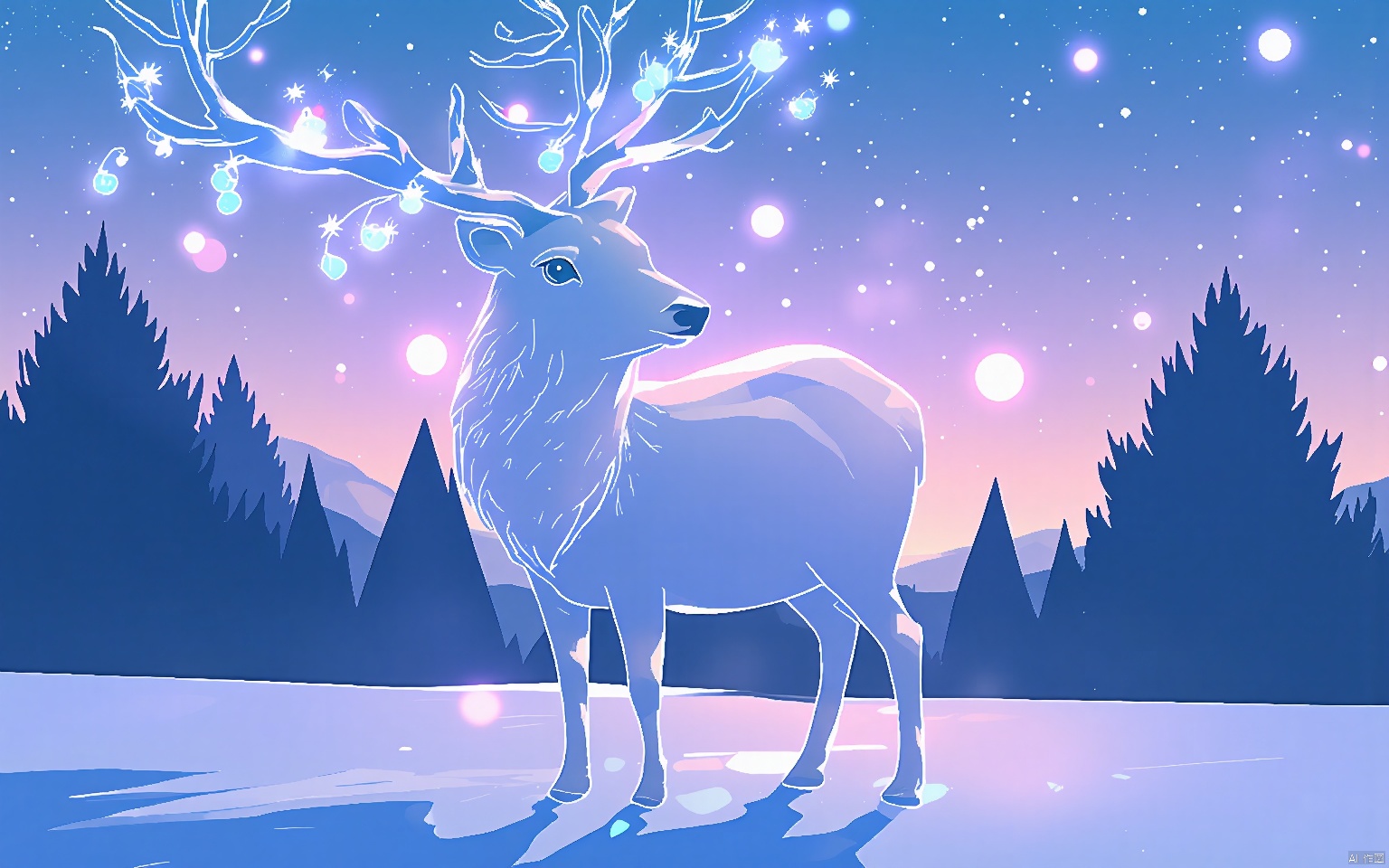 HCCH, A serene snow-covered landscape at dawn. In the foreground, a reindeer stands proudly, its antlers adorned with twinkling fairy lights. Snowflakes gently fall around it, casting a soft glow in the dim morning light. The background is apanse of pristine snow, with the first rays of sunlight casting long, ethereal shadows on the horizon.