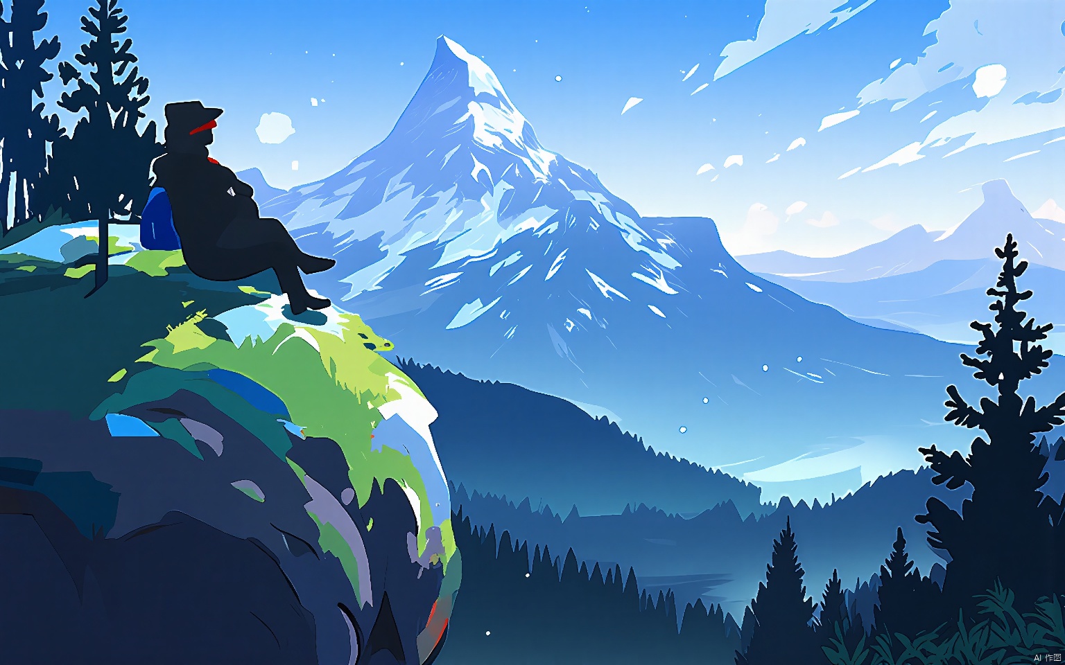 HCCH, On a secluded mountain peak, a lone hiker rests against a moss-covered boulder, taking in the panoramic view of snow-capped peaks and valleys below. The crisp mountain air is filled with the scent of pine trees and the distant call of a mountain eagle.