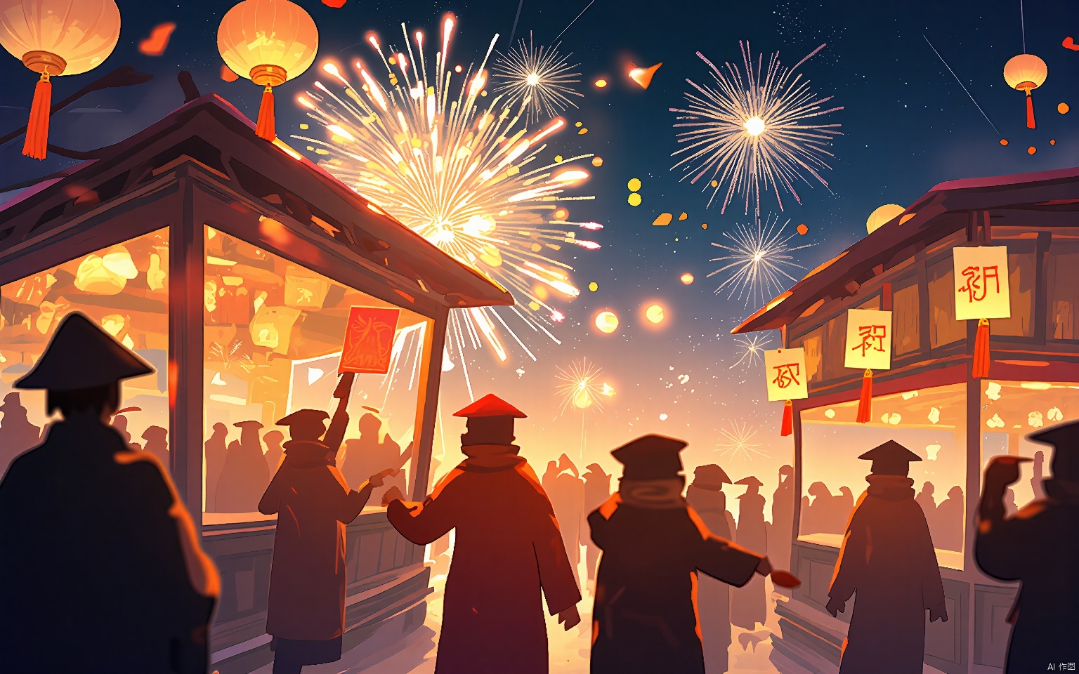 HCCH, In a bustling marketplace, children in red jackets and hats weave through stalls adorned with lanterns and red envelopes. They laugh and play amidst the clinking of bells and the aroma of roasted chestnuts, as the skyline glows with fireworks painting the night sky in vibrant hues of gold and silver. The air is filled with joy and anticipation, marking the arrival of the new year.