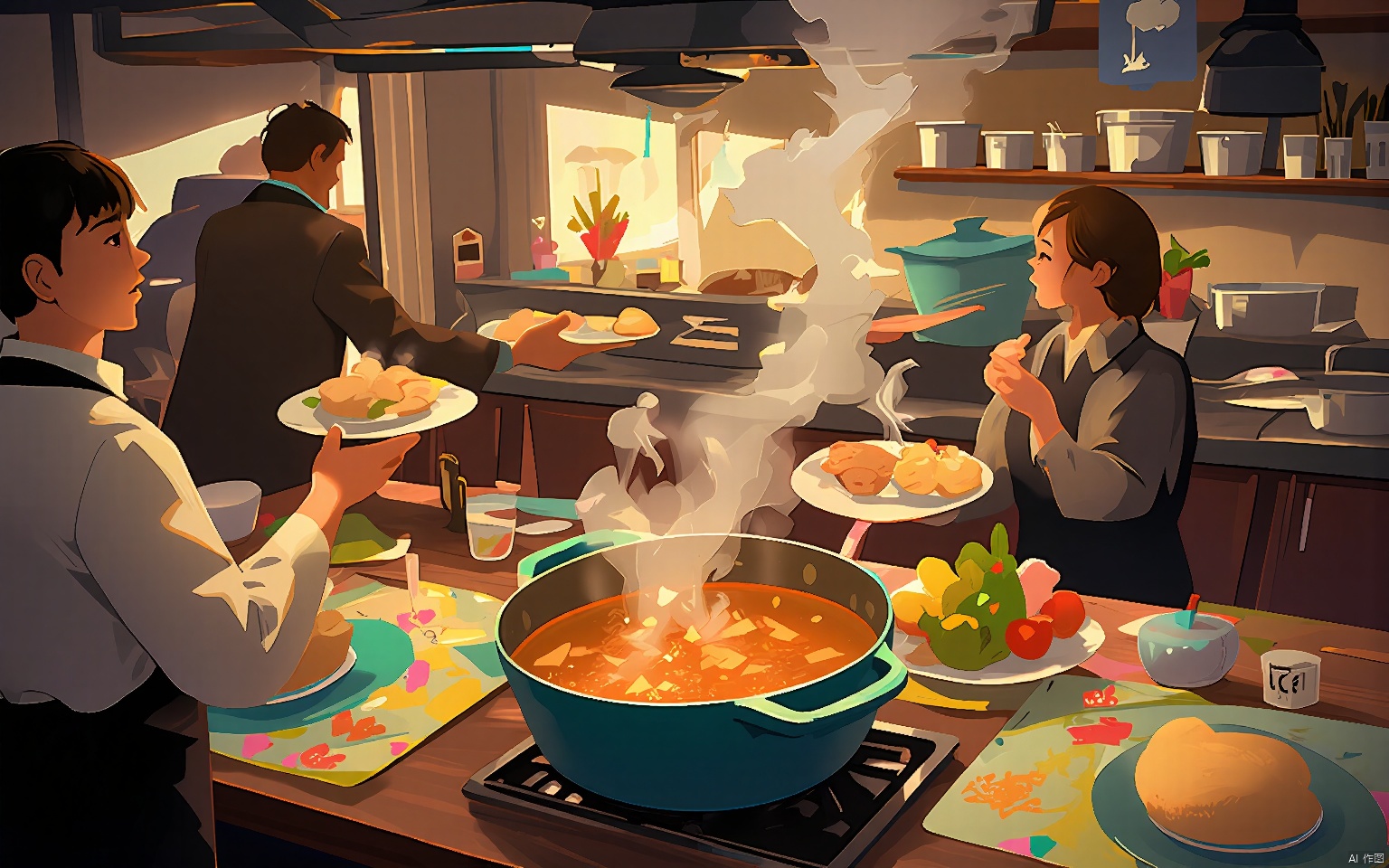 HCCH, A cozy kitchen filled with the aroma of homemade dishes. At the forefront, a chef stirs a pot of steaming stew, its rich aroma mingling with the scent of freshly baked bread. Family members bustle around, setting the table with colorful placemats and festive centerpieces. The background is a blur of pots and pans, with the warm glow of overhead lights casting a comforting ambiance.