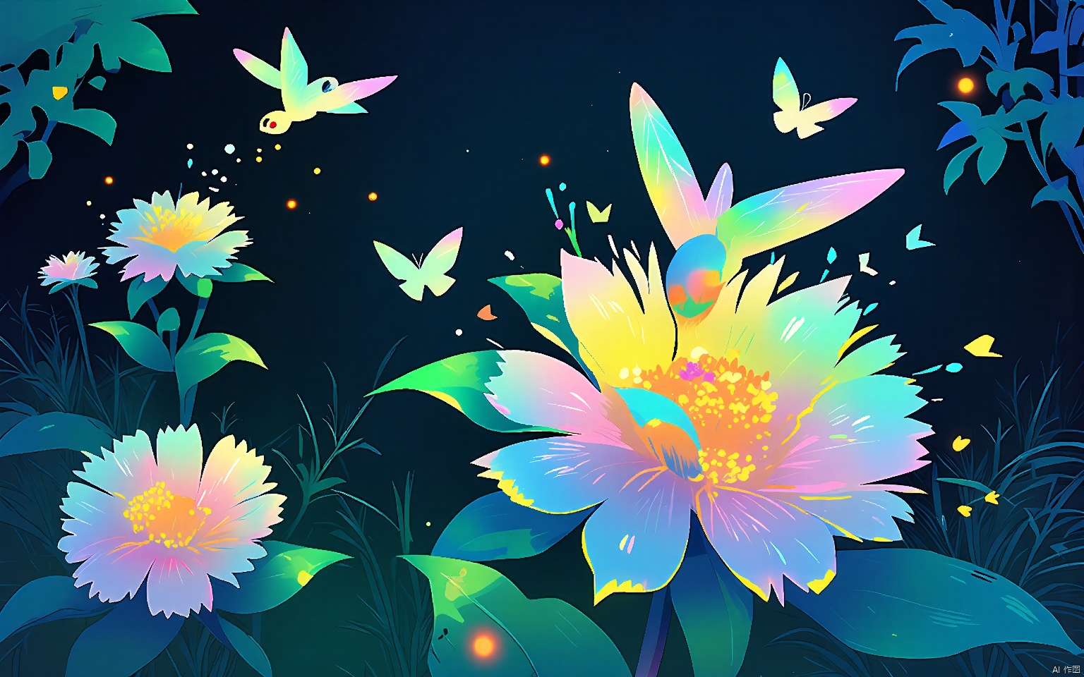 HCCH, A serene garden in bloom. In the foreground, a hummingbird hovers around a cluster of vibrant flowers, its wings beating rapidly as it sips nectar. Nearby, butterflies flutter from bloom to bloom, their colors blending with the vivid hues of the garden. The background is a wall of lush foliage, with the sun casting dappled shadows on the ground.