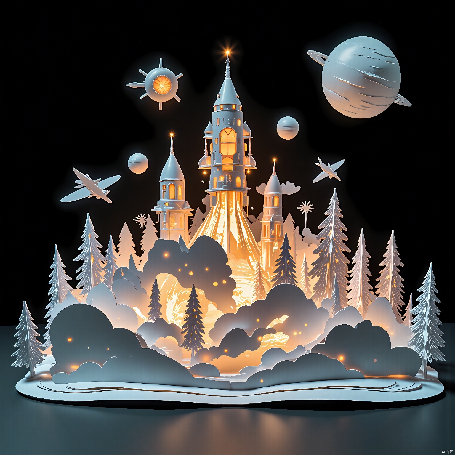 pop-up book, pop-up book, A space adventure with astronauts, rockets, and a distant planet glowing in the darkness.