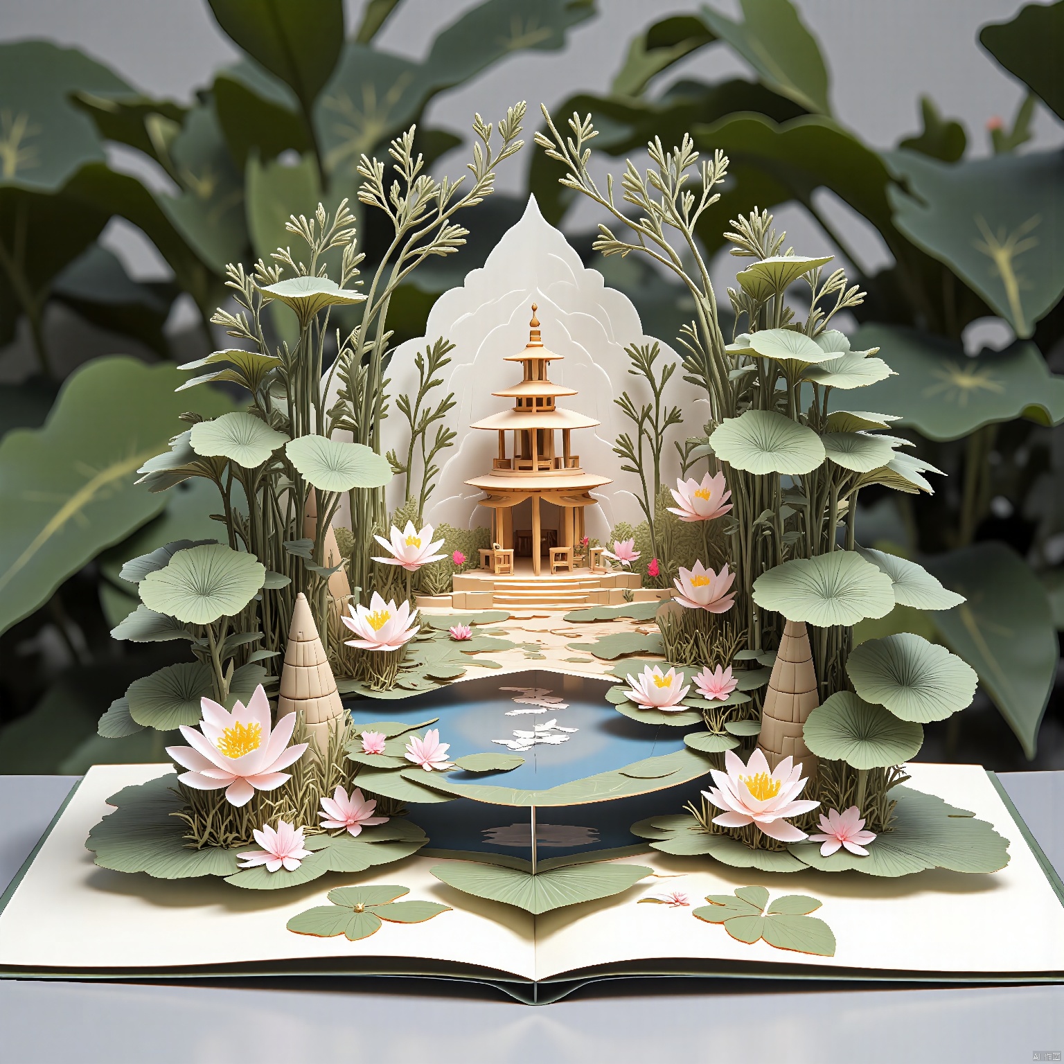 pop-up book, A serene meditation garden with a reflecting pool in the center. In the foreground, lotus flowers floated gracefully, while in the background, a peaceful pagoda stood amidst lush greenery. The scene was a tranquil oasis of calm and reflection.
