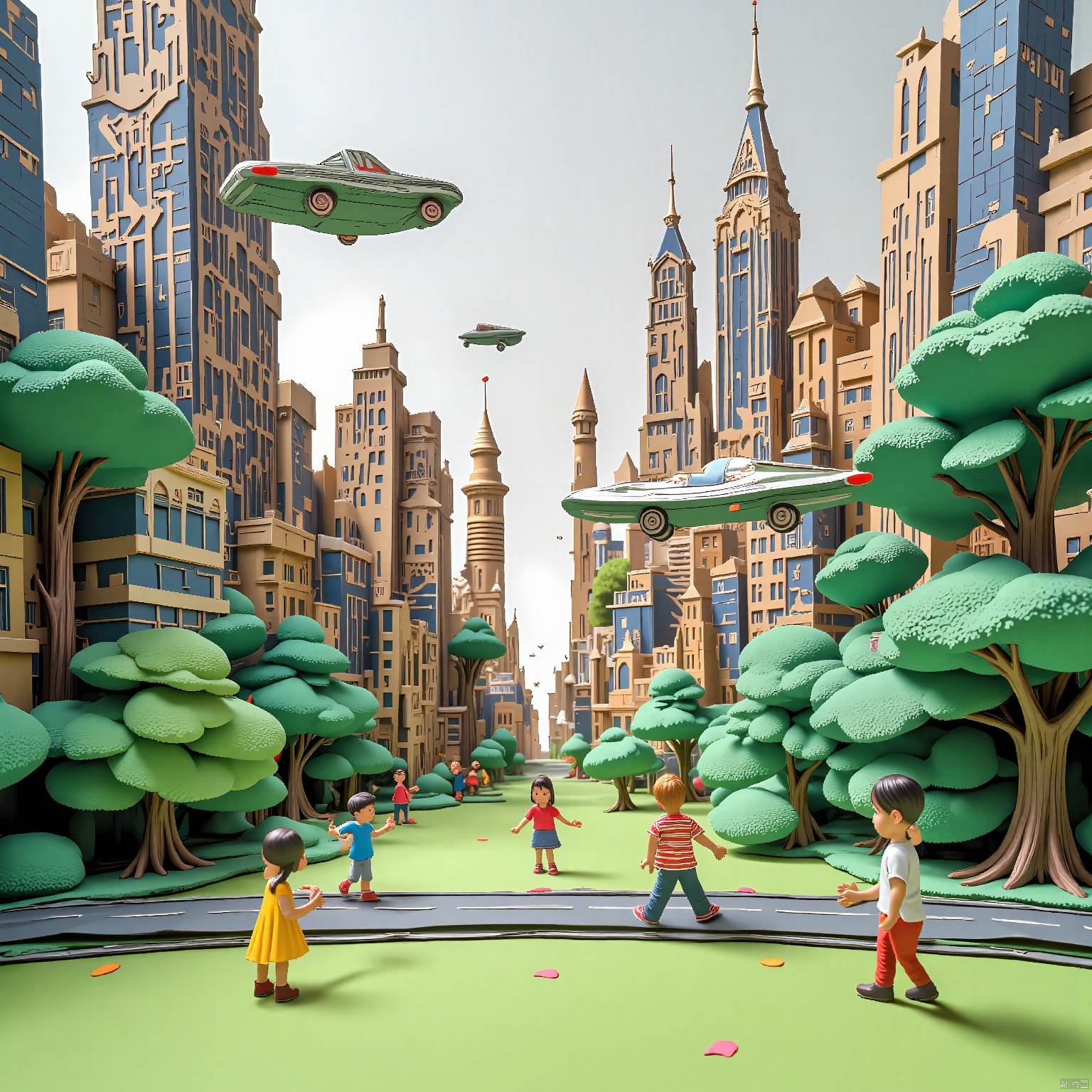 pop-up book, A futuristic cityscape with towering skyscrapers and flying cars. In the foreground, a group of children played in a lush, green park, while in the background, the city's bustling streets and towering buildings created a stark contrast to the peaceful park. The scene was a fascinating blend of nature and technology.