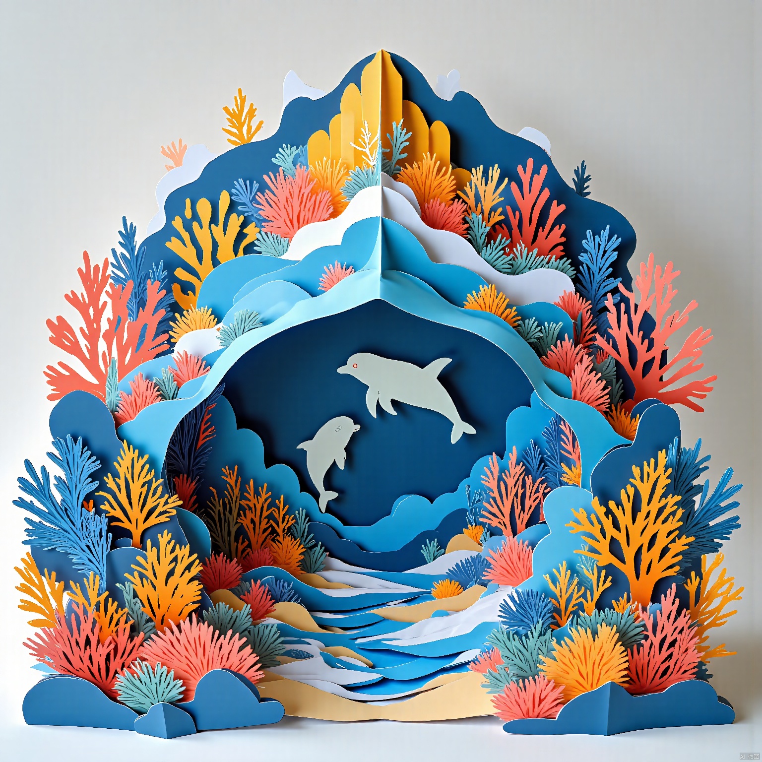 pop-up book, pop-up book, An underwater adventure with colorful coral reefs, playful dolphins, and a majestic octopus.