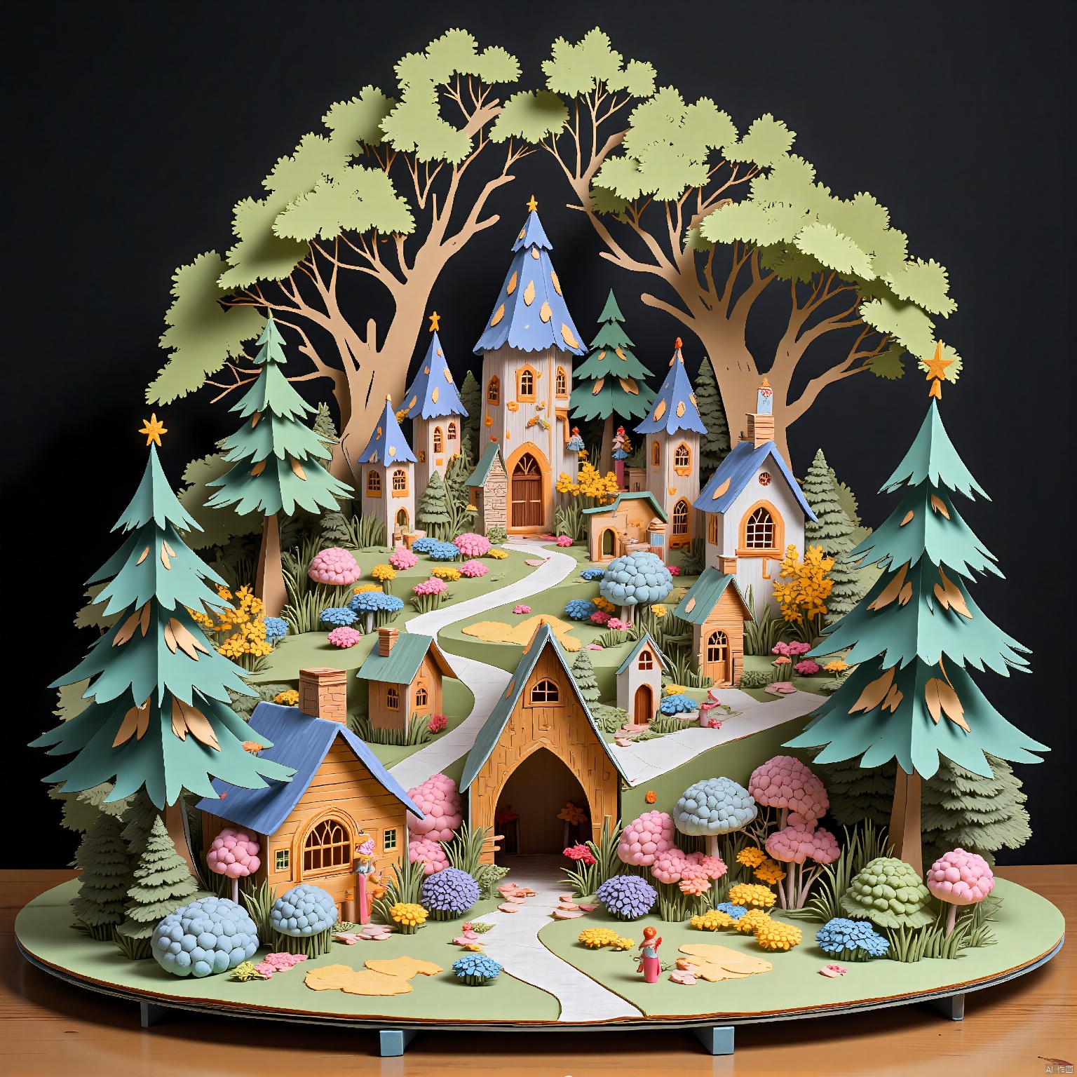 pop-up book, A whimsical woodland fairy village with tiny cottages and colorful flowers. In the foreground, fairies danced and sang, while in the background, towering trees created a protective canopy. The scene was a magical, enchanting retreat from the outside world.