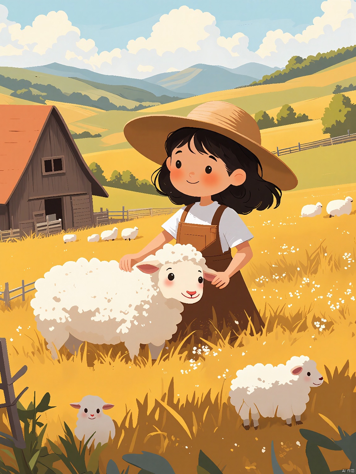 ETHB,Child insertion, A digital page from a children's book about farm life. A little farmer girl pets a fluffy sheep, both surrounded by a barn and fields of golden wheat. The sheep's eyes are soft and content, positioned near the bottom of the frame. The background fades into a distant landscape of rolling hills, emphasizing the simplicity of farm life. The aesthetic is rustic, with earthy tones and charming details. It fuses digital illustration with a farm-themed setting.