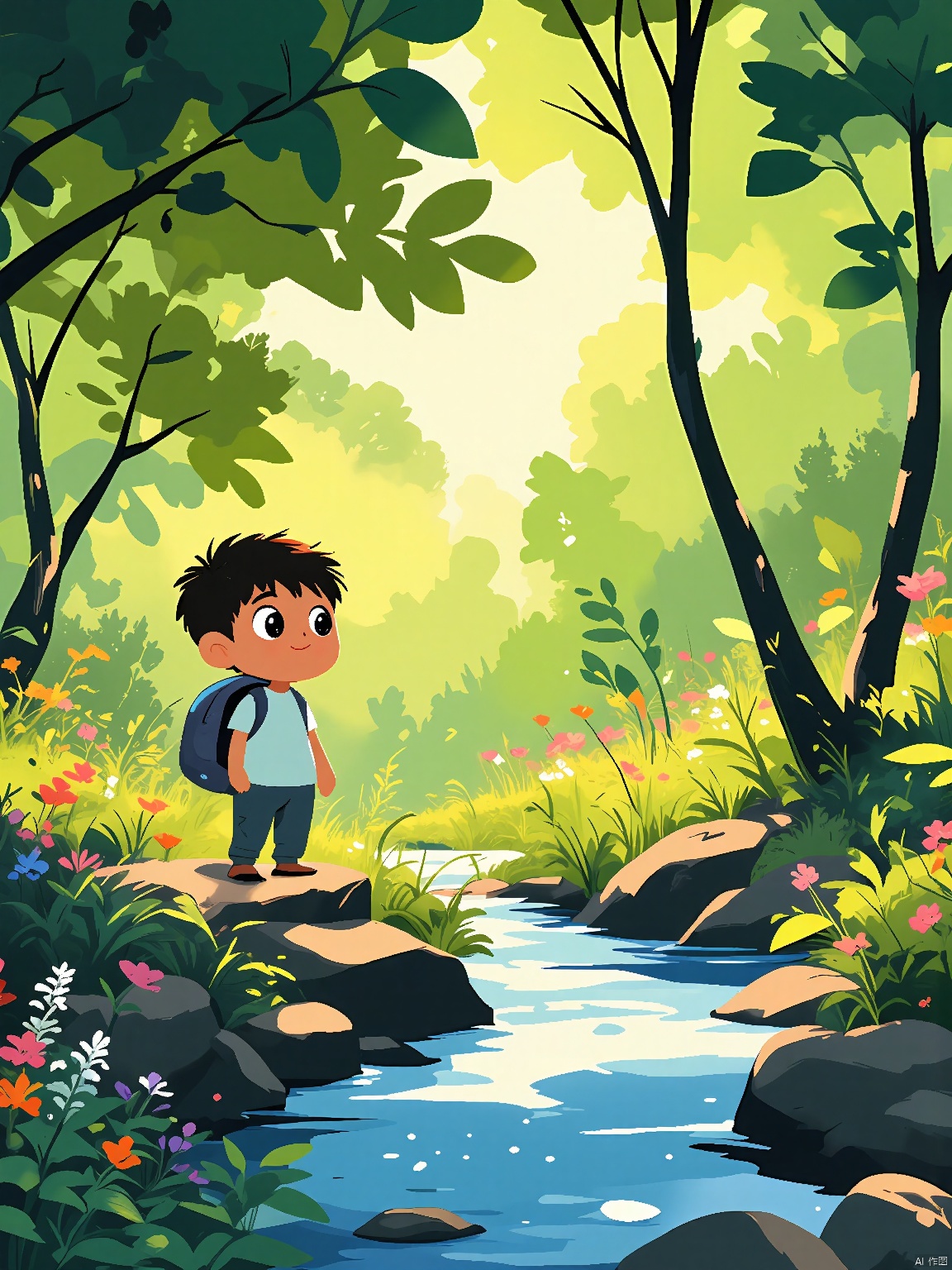 ETHB,Child insertion, A digital page from a children's book about the beauty of nature. A little boy explores a forest, discovering hidden streams and colorful wildflowers. The background shows the forest floor fading into a blur of green leaves and sunlight. The boy's eyes are wide with wonder, positioned near the bottom left of the frame. The aesthetic is lush, with rich greens and pops of color. It combines digital illustration with a nature-themed setting.