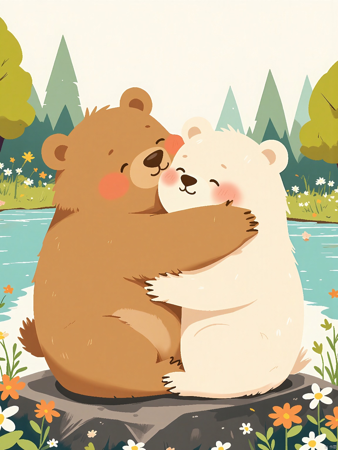 ETHB,Child insertion, A digital illustration for a children's book about friendship. Two bears hug tightly, one with a soft brown coat and the other with a creamy white one. They sit on a rock by a serene lake, surrounded by blooming flowers. The bears' eyes are closed in joy, positioned near the center of the frame. The background blends into a soft blur of nature, highlighting the warmth of their bond. The aesthetic is heartwarming, with gentle colors and a cozy atmosphere. It blends digital artistry with a timeless tale of friendship.