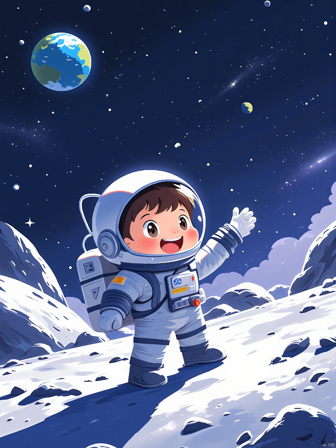 ETHB,Child insertion, A digital page from a children's book about space. A little astronaut waves from the surface of the moon, wearing a bulky spacesuit and a big smile. The Earth shines brightly in the background, a small but stunning detail. The astronaut's eyes are wide with excitement, positioned near the bottom of the frame. The background fades into a starry expanse, emphasizing the wonder of space. The aesthetic is awe-inspiring, with vibrant colors and a sense of adventure. It combines digital illustration with a space-themed adventure.