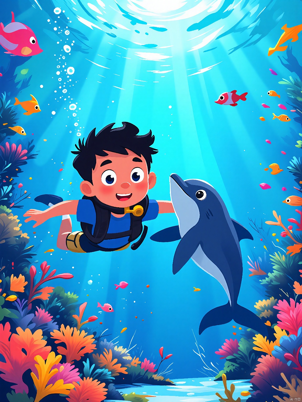 ETHB,Child insertion, A digital page from a children's book about underwater adventures. A diver boy swims alongside a playful dolphin, both wearing scuba gear. The ocean is teeming with colorful fish and coral reefs in a soft blur. The boy's eyes are wide with amazement, positioned near the center of the frame. The background fades into a deep blue expanse, emphasizing the wonder of the underwater world. The aesthetic is vibrant, with contrasting colors and a sense of excitement. It combines digital illustration with an underwater adventure theme.
