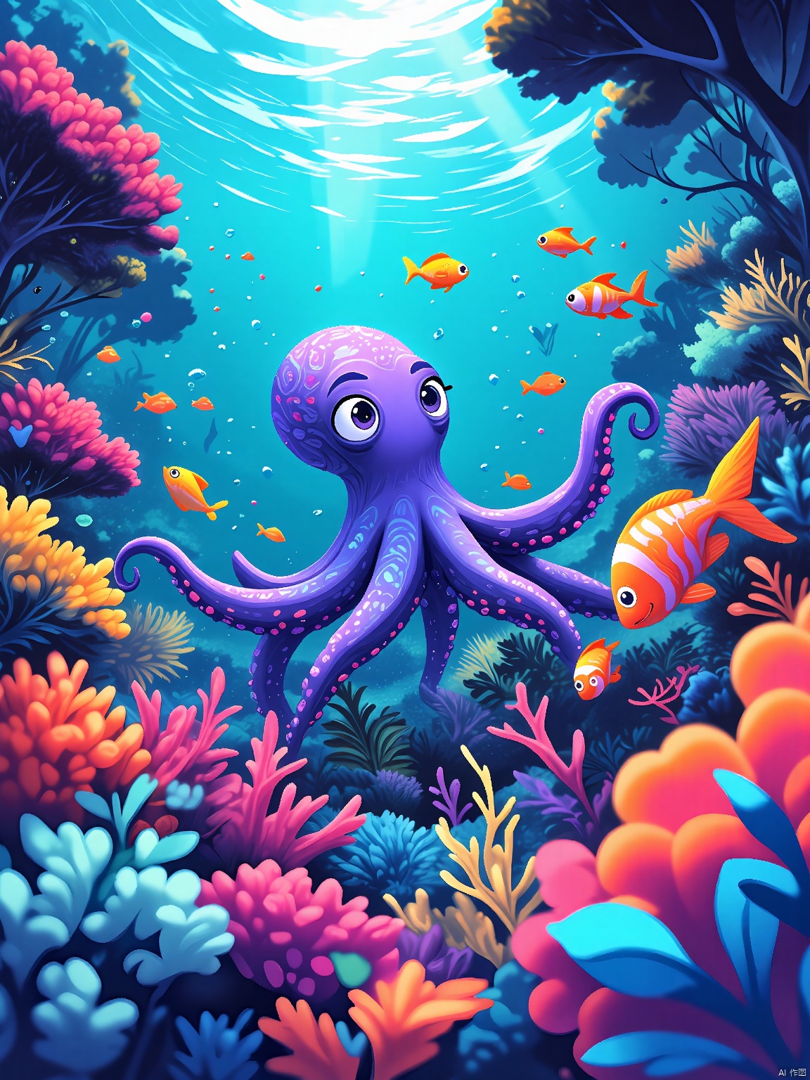 ETHB,Child insertion, A digital illustration for a children's picture book about the ocean. A curious little octopus peers out from behind a coral reef, its tentacles adorned with vibrant patterns. The ocean floor serves as the backdrop, with colorful fish swimming in a soft blur. The octopus's eyes are wide with wonder, positioned near the top of the frame. The aesthetic is mesmerizing, with contrasting colors that pop against the deep blue sea. It combines digital artistry with a playful, underwater theme.