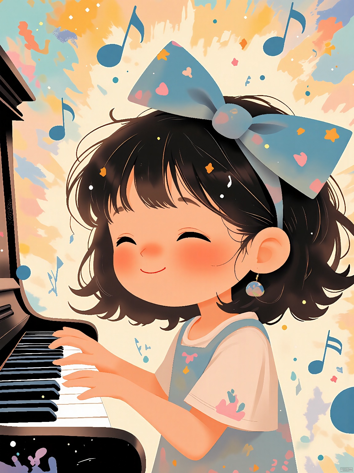 ETHB,Child insertion, A digital illustration for a children's book about the magic of music. A little girl plays the piano, her fingers dancing across the keys. The music notes float around her in a soft blur, creating a magical aura. The girl's eyes are closed in concentration, positioned near the center of the frame. The background fades into an abstract swirl of colors, emphasizing the ethereal nature of music. The aesthetic is enchanting, with pastel hues and a sense of wonder. It combines digital illustration with a theme of music and creativity.