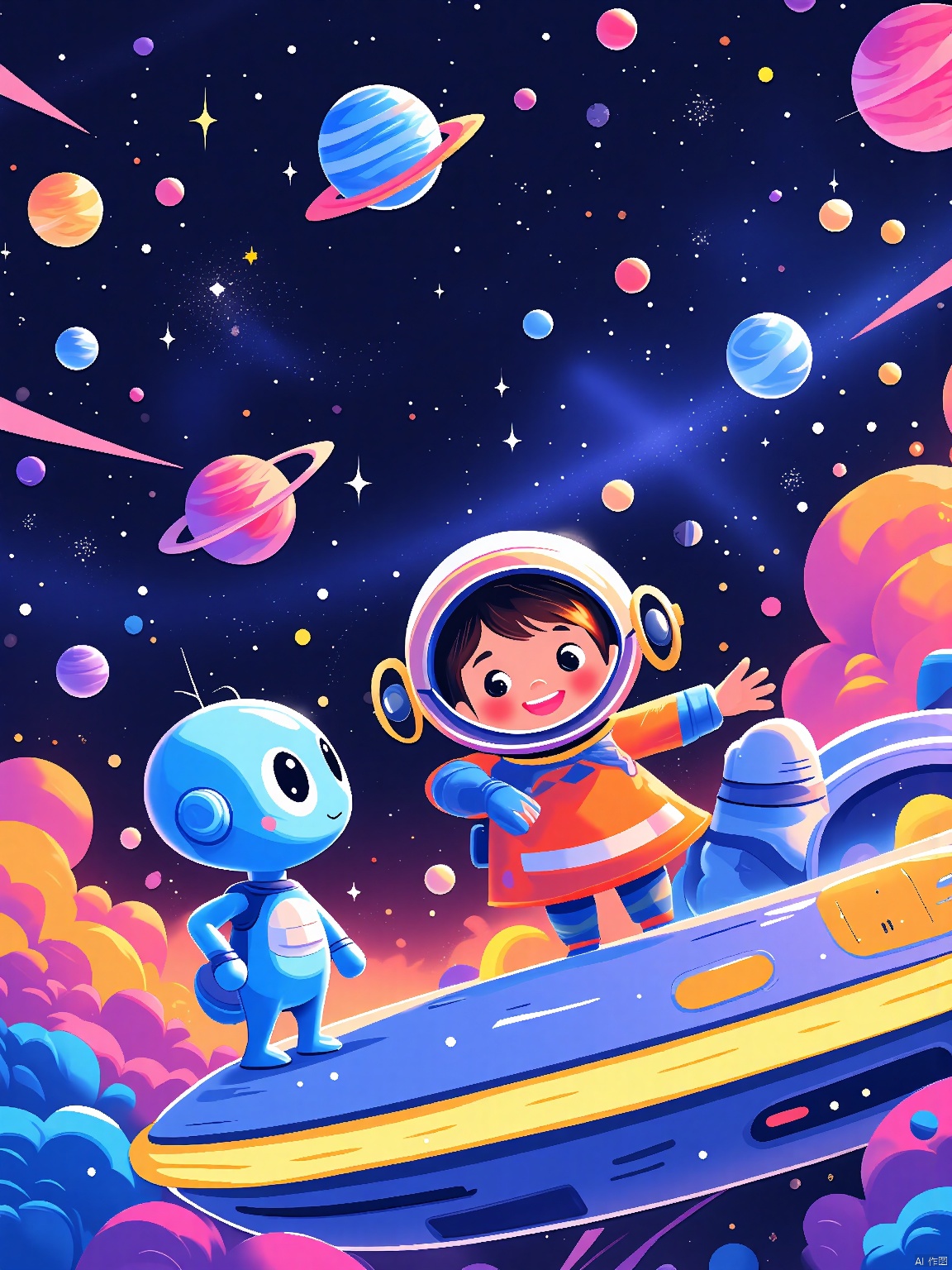 ETHB, Child insertion. A vibrant page from a children's illustrated storybook about space exploration. An eager little girl wears a space helmet and waves at a friendly alien, both standing on a futuristic spaceship. The alien's eyes are curious and friendly, positioned near the bottom left of the frame. The background stretches into the vastness of space, emphasizing the wonder of the cosmos. The aesthetic is space-themed, with cosmic colors and futuristic details. It blends digital artwork with a space-themed setting.
