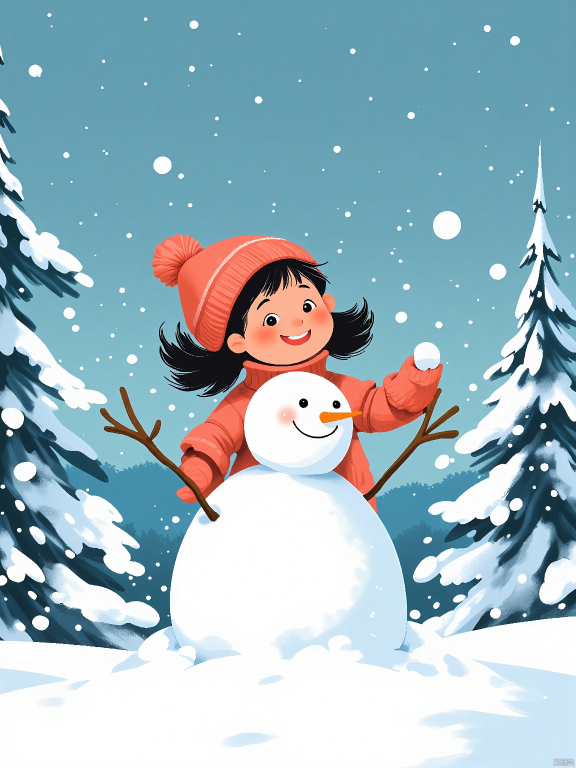 ETHB,Child insertion, A digital page from a children's book about winter wonders. A little girl builds a snowman, her mittened hands shaping the frosty figure. Snowflakes fall gently around her, creating a soft blur in the background. The girl's eyes are twinkling with excitement, positioned near the center of the frame. The background fades into a wintry landscape of snow-covered trees and icy lakes, emphasizing the beauty of winter. The aesthetic is cozy, with cool tones and playful details. It fuses digital illustration with a winter-themed setting.