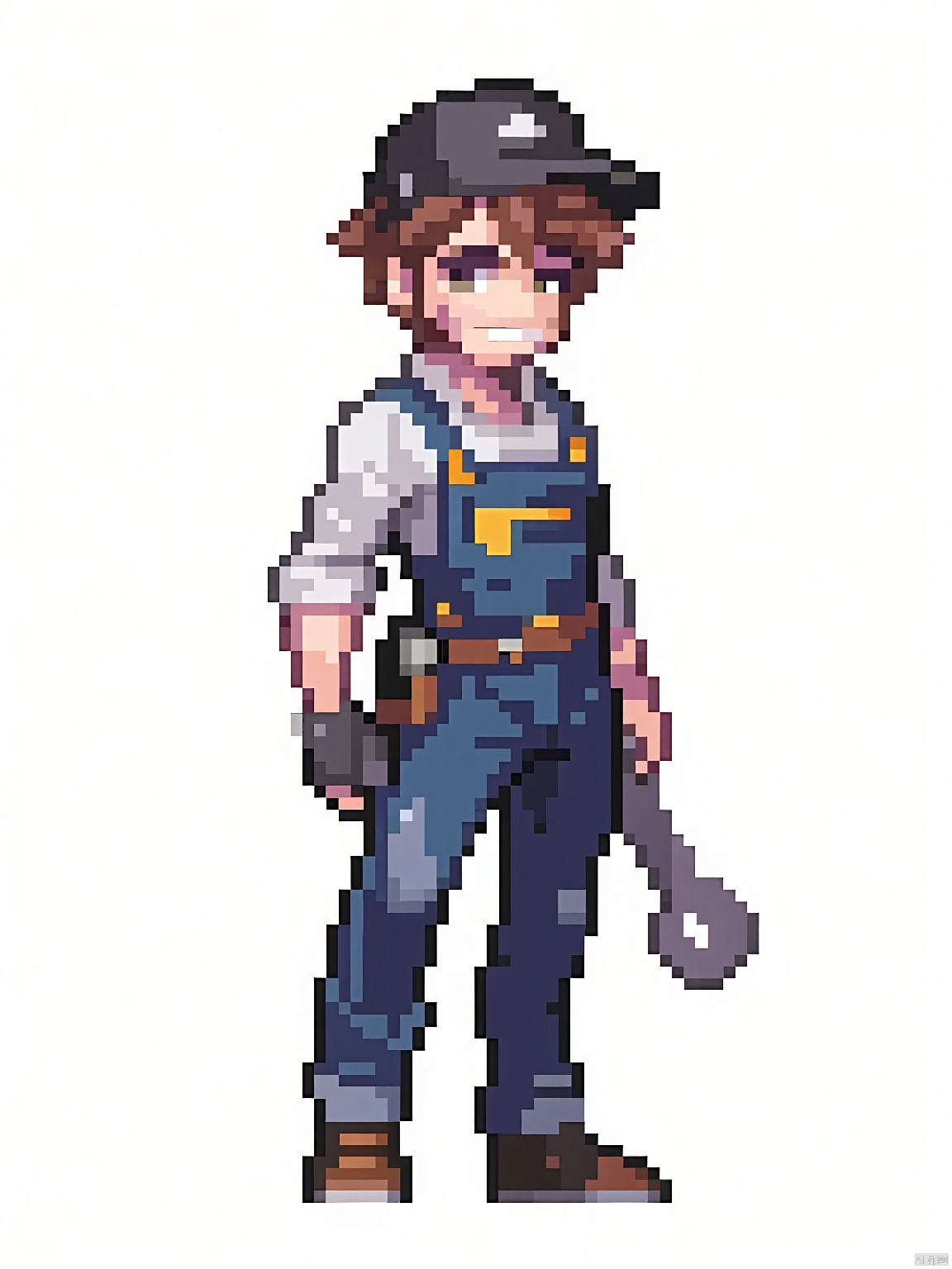 XSFG, A pixel-style picture,The background is simple white,Wearing shoes that go with the outfit,
Mechanic in practical overalls, wrench in hand. Curious hazel eyes, cap askew, messy brown hair, face splattered with oil, proud smile showcasing achievement.
