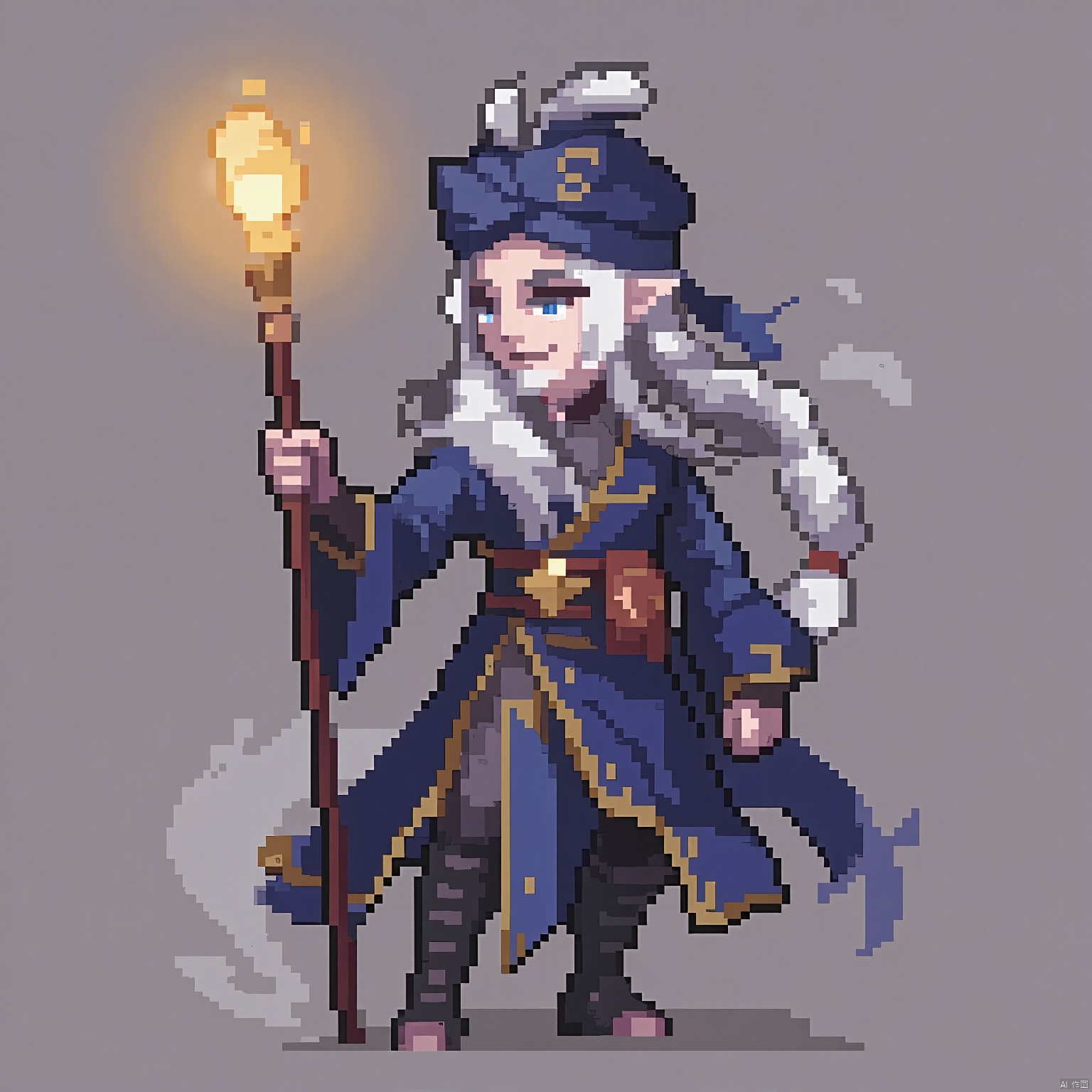 XSFG,Mystic in robes adorned with symbols, staff glowing. Deep blue eyes, turban askew, long silver hair, face dusted with ash, enigmatic smile revealing ancient wisdom.