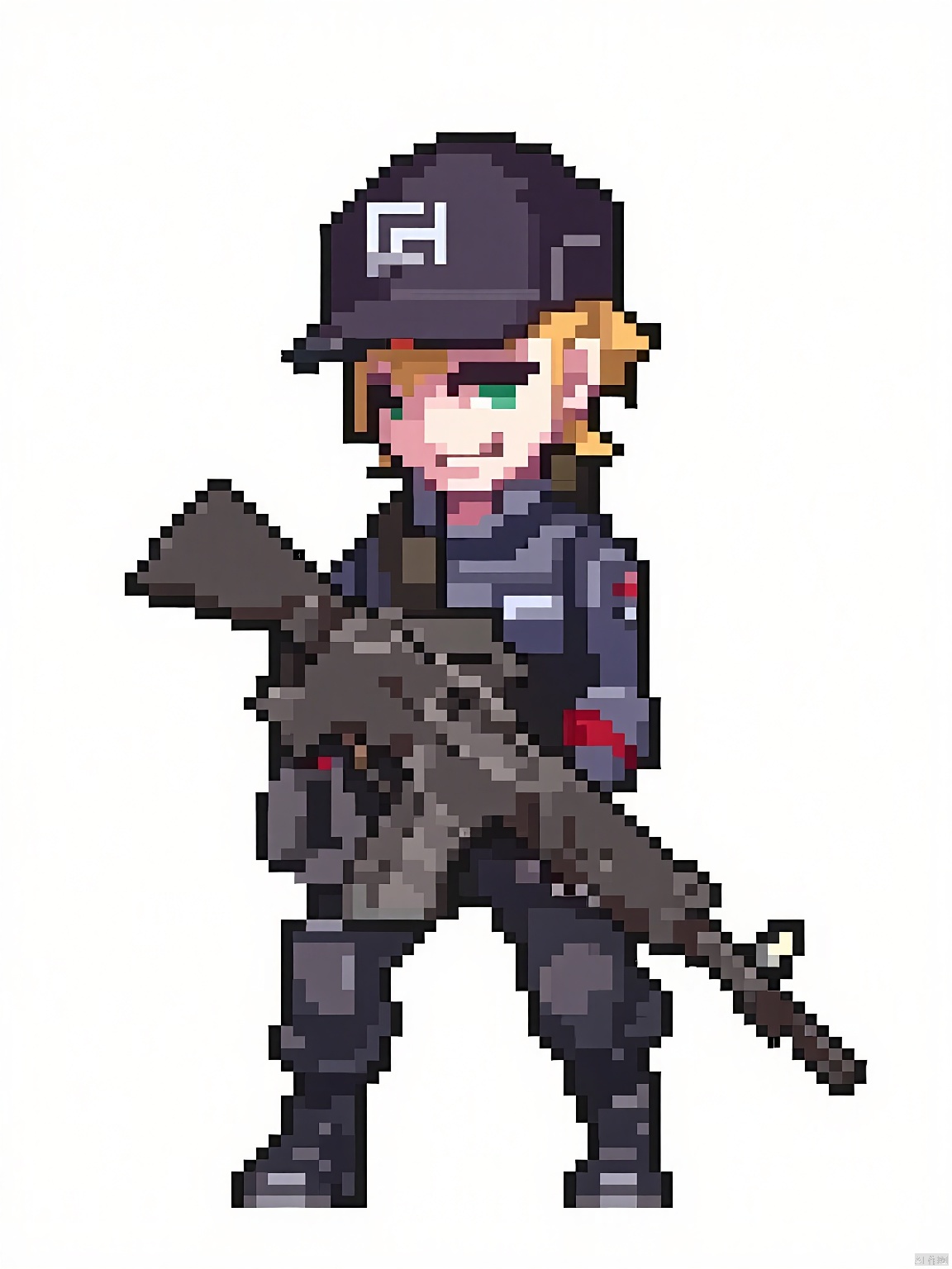 XSFG, A pixel-style picture,The background is simple white,Wearing shoes that go with the outfit,
Mercenary in tactical gear, rifle slung. Sharp green eyes, cap askew, buzz-cut blonde hair, face scarred by war, ruthless grin promising victory at any cost.