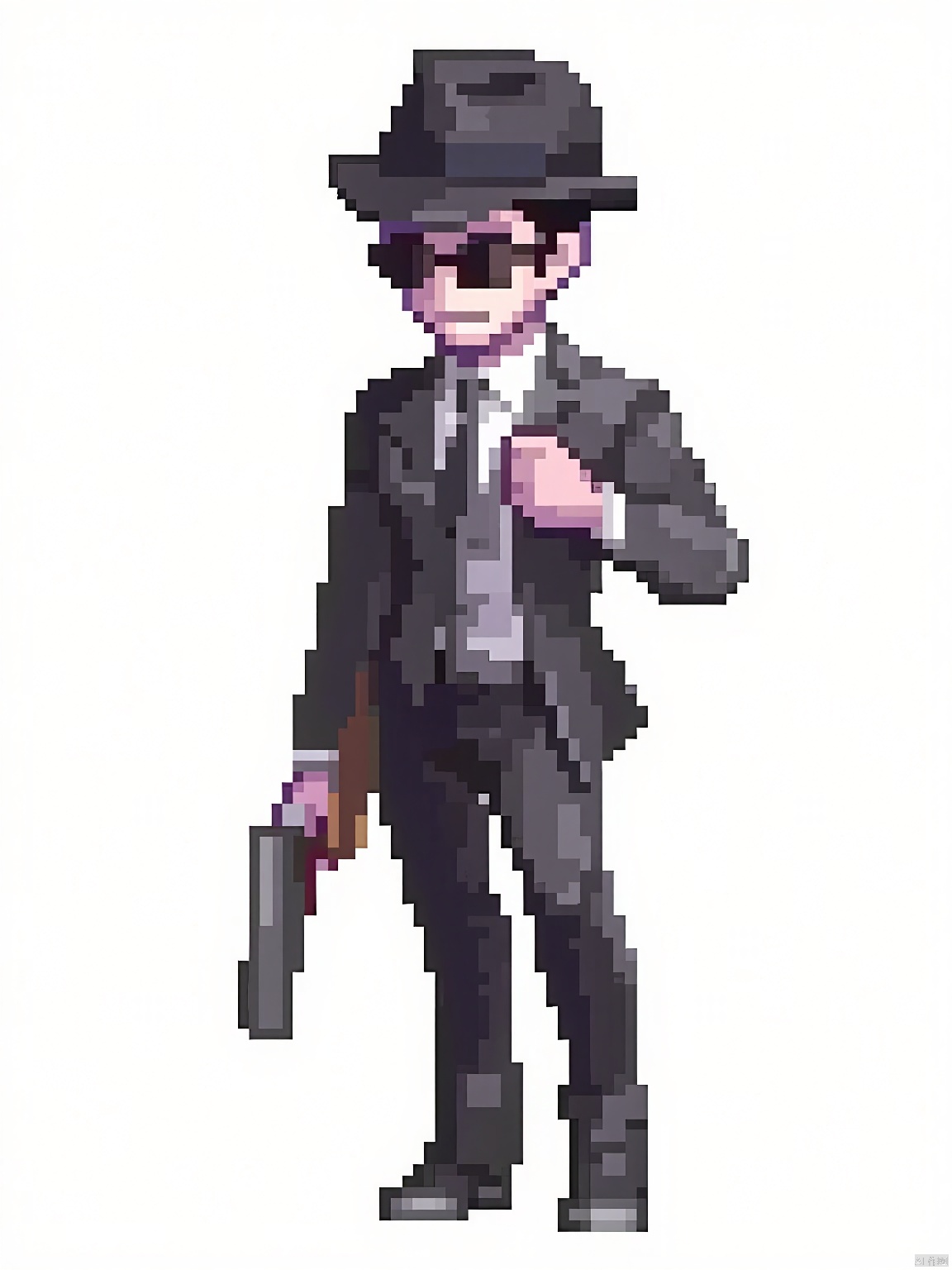 XSFG, A pixel-style picture,The background is simple white,Wearing shoes that go with the outfit,
Spy in sleek suit, gadgets concealed. Sharp eyes hidden behind sunglasses, fedora slightly askew, dark hair neatly combed, face almost expressionless, cunning grin.