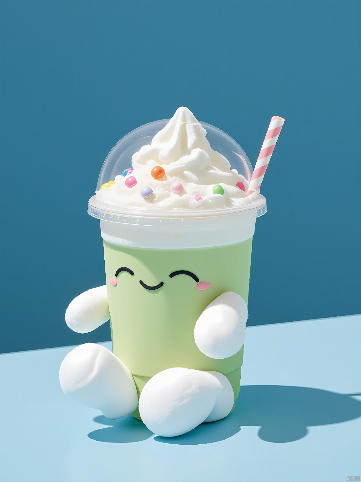 SDZT,
A doll,plush style,solo,looking at viewer,personification,jellycat style,smile,simple background,sitting,food,cup,no humans,shadow,blue background,drinking straw,ice cream,food focus,the whole presents a cute and lovely style,solid dark background,1 cup starbucks matcha frappucinol milk tea,