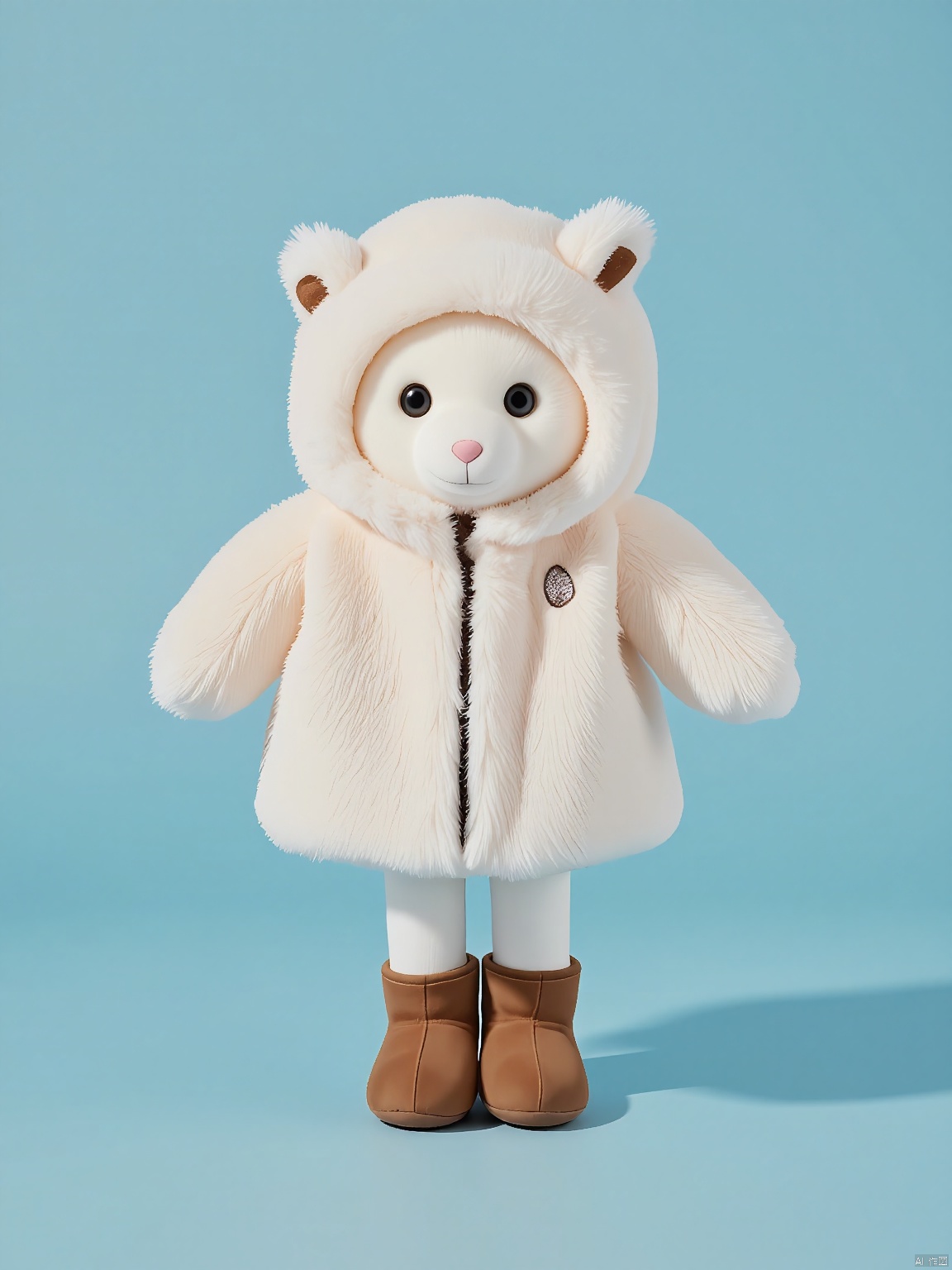 SDZT,Furry doll,
plush style,solo,looking at viewer,personification,plush tenderloin,jellycat style,smile,simple background,closed mouth,standing,full body,boots,hood,black eyes,coat,fur trim,no humans,blue background,brown footwear,outstretched arms,hood up,mittens,fur-trimmed hood,the whole presents a cute and lovely style,solid dark background,