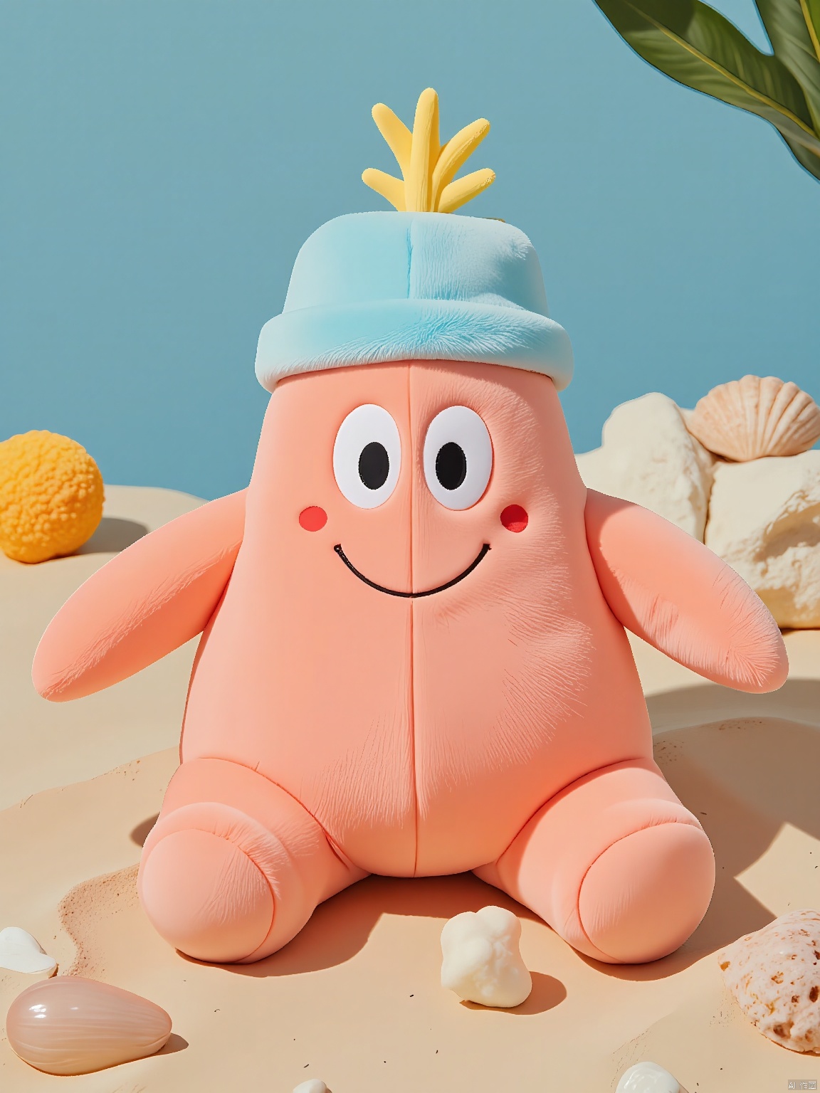 SDZT, Patrick Star, a beloved character from Bikini Bottom, is depicted in a whimsical plush style. Soft, rounded features and a gentle smile adorn his cheerful face. A bright blue hat with a golden anchor rests atop his head, adding to his endearing charm. The plush figure sits on a textured, sandy beach, surrounded by seashells and oceanic elements. Golden lighting illuminates the scene, casting a warm glow on Patrick's plush body.
