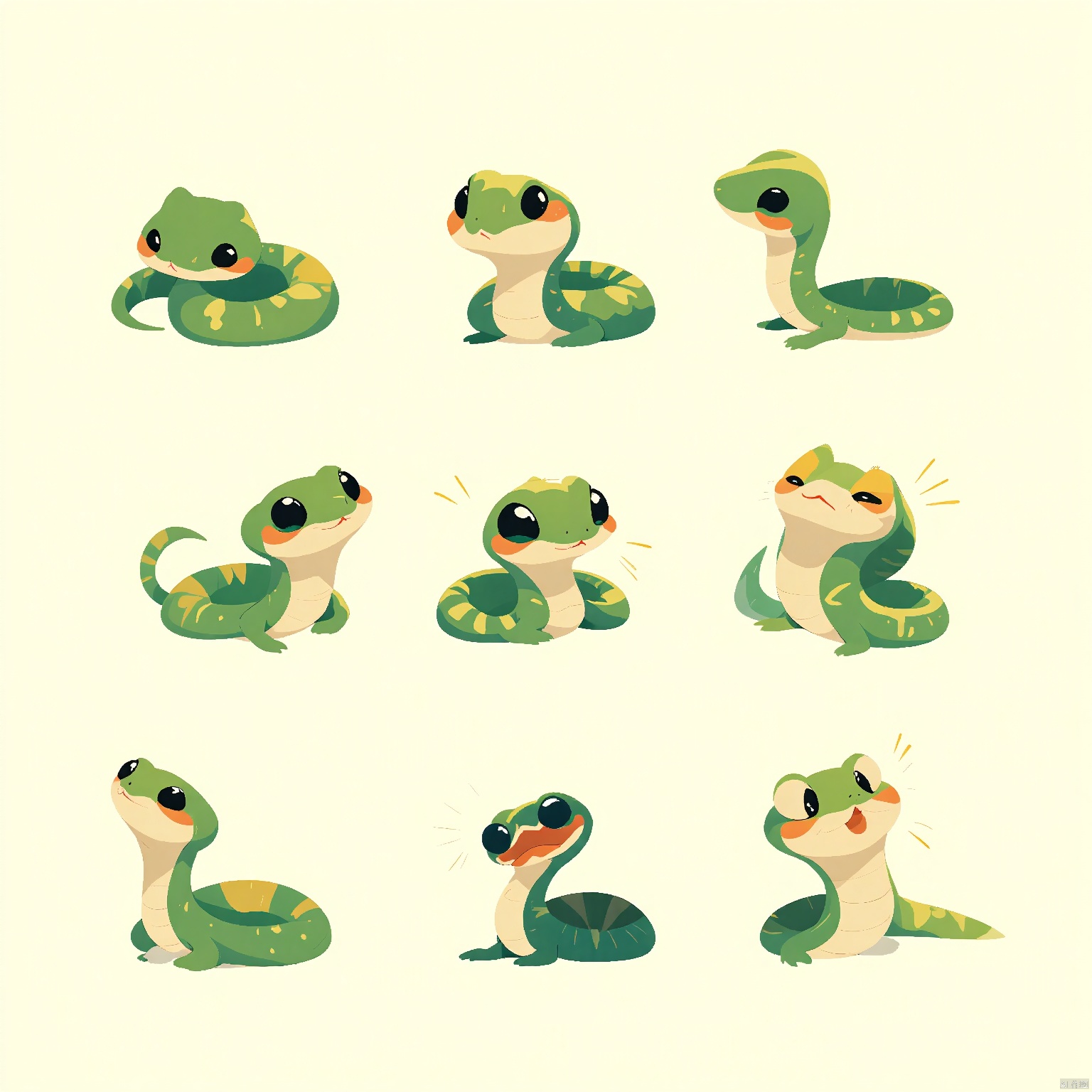 DWBQ, A 3x3 grid of sleek, whimsical green and gold snake illustrations. Each snake has a distinct expression and pose: top row left to right, coiled with a curious gaze, striking with wide eyes, and slithering with a tongue flick.