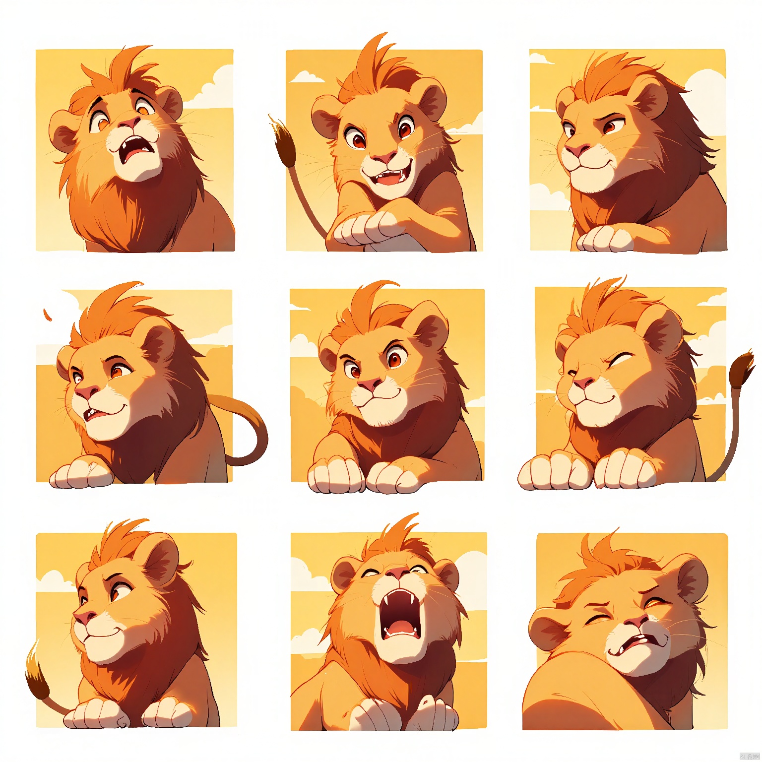 DWBQ,Cartoon-style drawing of a lion with a mane and regal posture, displaying a spectrum of facial expressions in a 3x3 format. Each look is distinctive, including regal, curious, playful, and protective. The lion's claws are prominent in several poses. The background is a golden sunset. The art style is majestic and dramatic, with strong contrasts and bold outlines.