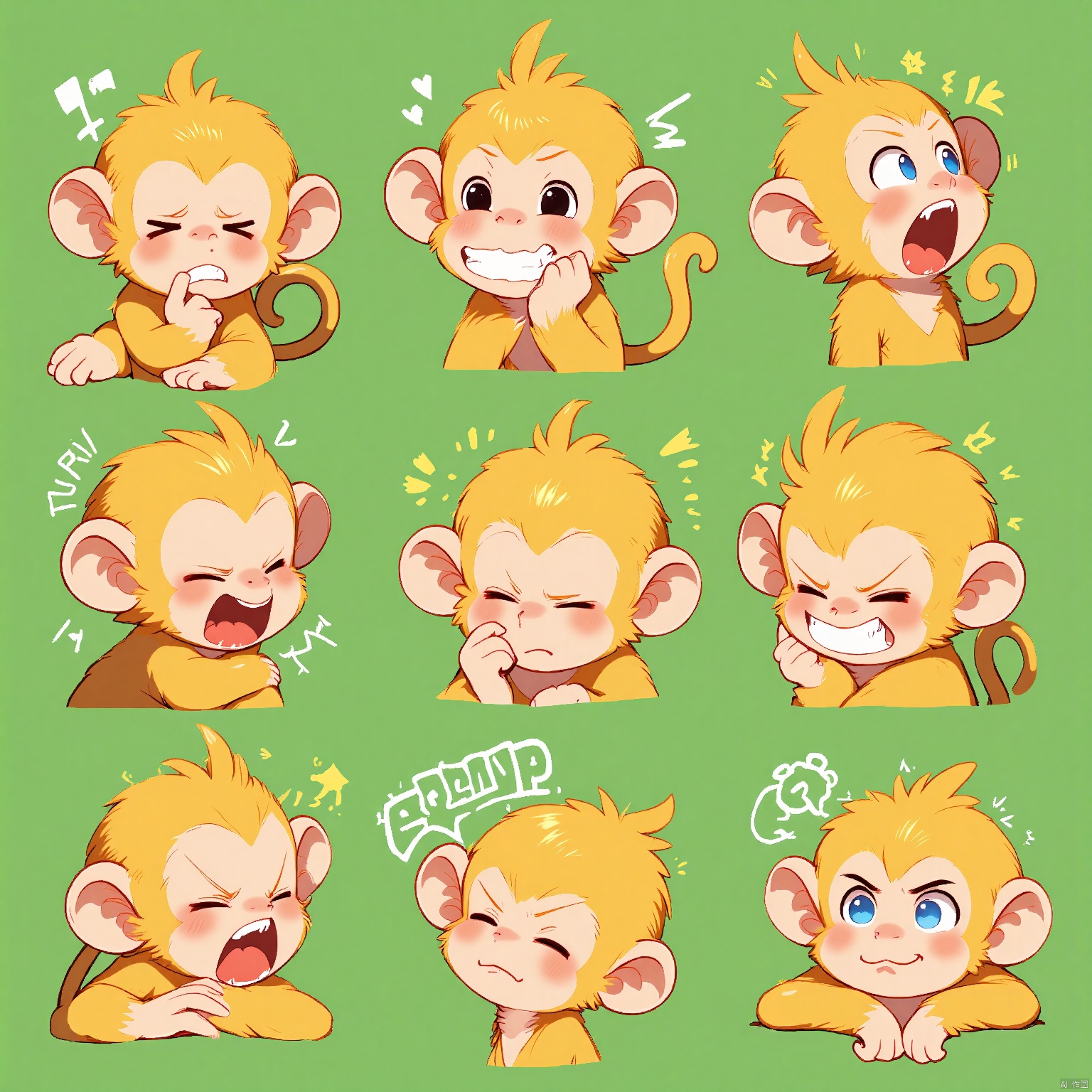 DWBQ,Cartoon illustration of a monkey with golden fur and a mischievous grin, showing a variety of facial reactions in a 3x3 grid. Each emotion is unique, encompassing playful, annoyed, thoughtful, and amazed. The monkey's tail is curled in various ways. The background is a jungle green. The art style is playful and energetic, with expressive details and vivid colors.