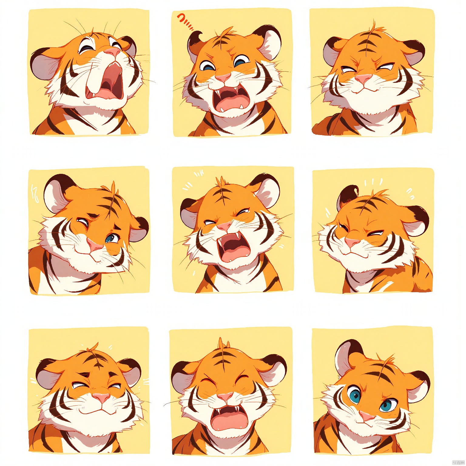 DWBQ,Illustration of a tiger with orange and black stripes, showcasing a variety of facial expressions in a 3x3 arrangement. Each look is unique, including amusement, frustration, awe, and curiosity. The tiger's whiskers stand out in most expressions. The background is a muted yellow, suggesting a sunny savanna. The style is lively and expressive, with bold strokes and vivid colors.