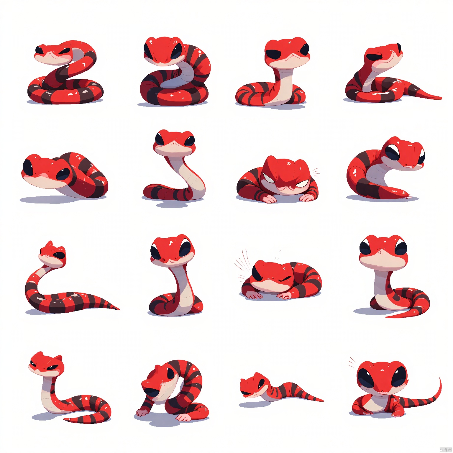 DWBQ, A 3x3 array of vibrant, expressive red and black snake emojis. Each emoji captures a different mood and action: top row left to right, coiled tightly with intense eyes, striking forward with a fierce expression, and sliding smoothly across the ground.
