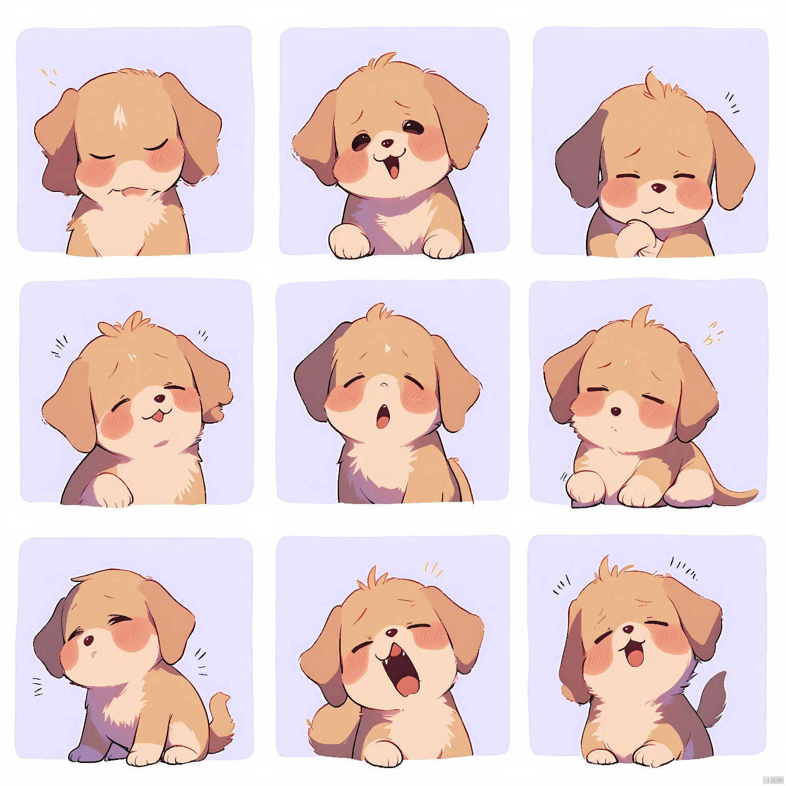 DWBQ,Cartoon rendering of a dog with brown fur and a playful expression, exhibiting a range of facial emotions in a 3x3 grid. Each look is individual, spanning happy, sad, puzzled, and eager. The dog's ears are flopped in some poses. The background is a gentle lavender. The art style is cozy and inviting, with rounded forms and muted tones.